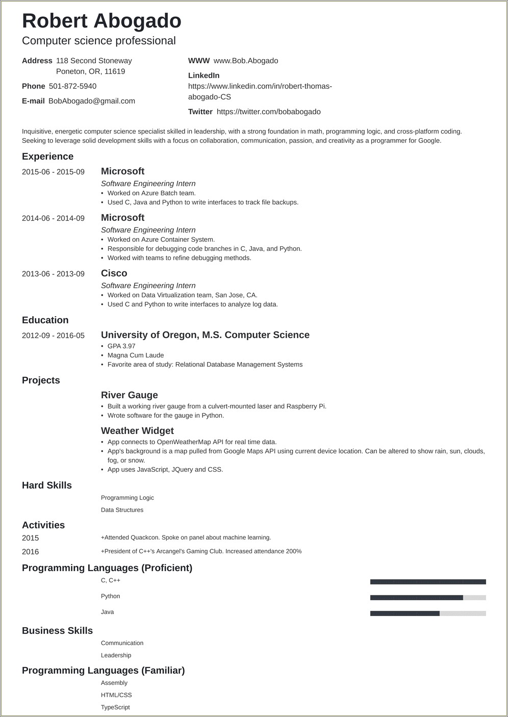 Masters In Computer Science Sample Resume