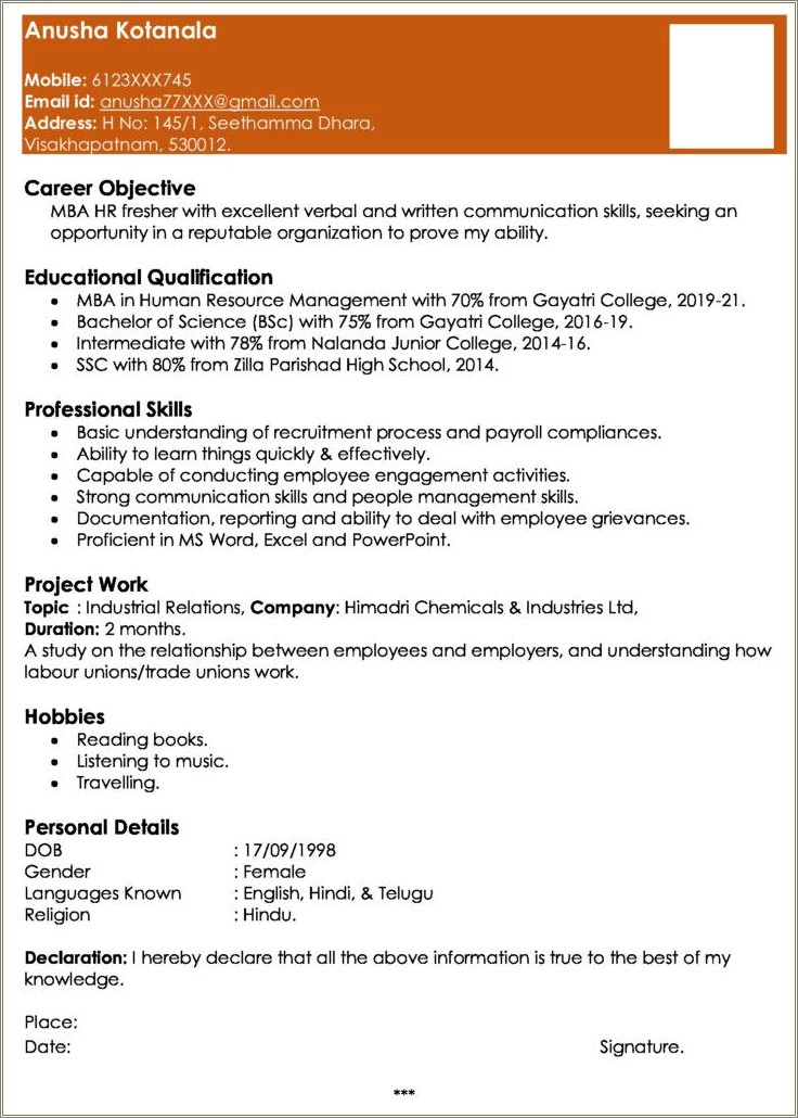 Mba Hr And Finance Sample Resume