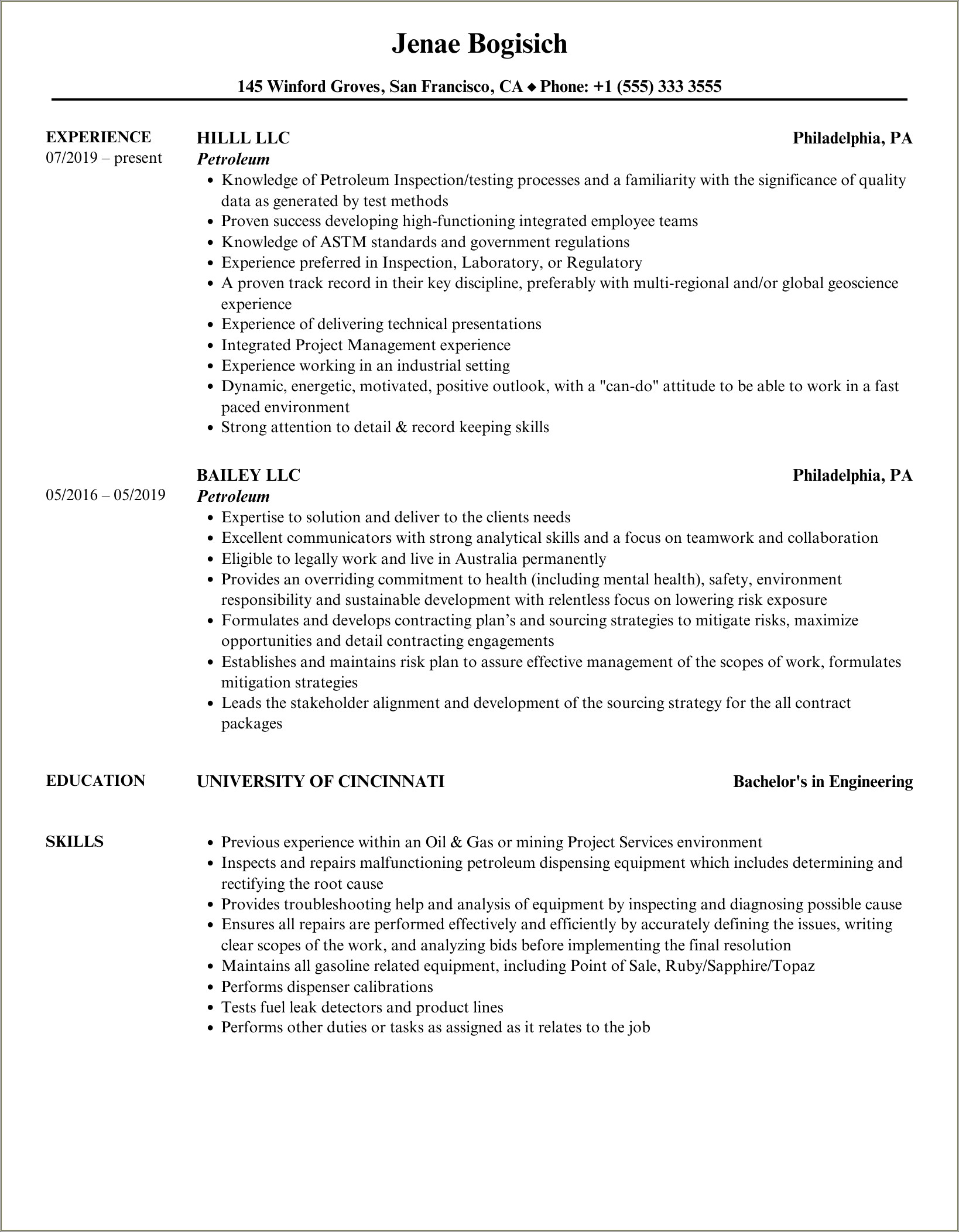 Oil And Gas Corporate Resume Sample