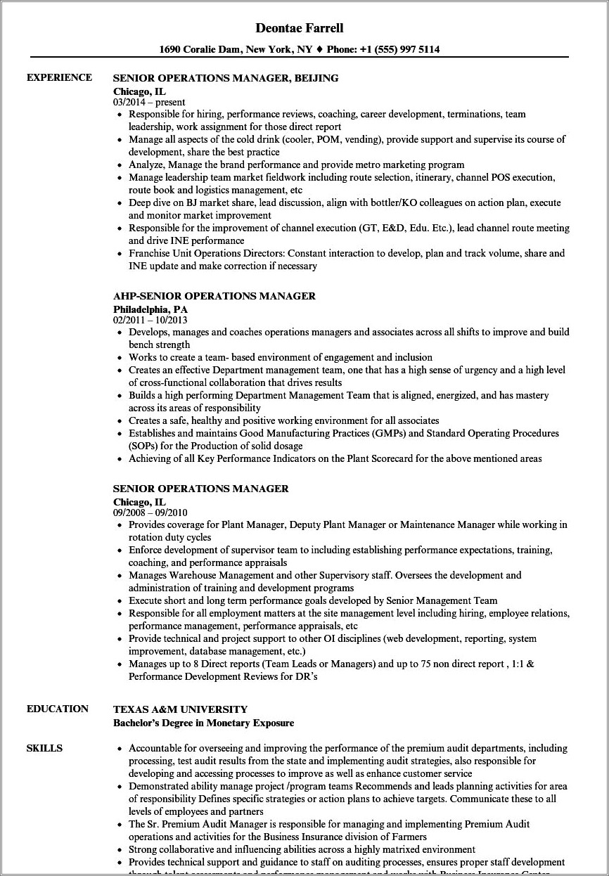 Operations Manger Resume With 20 Yrs Experience