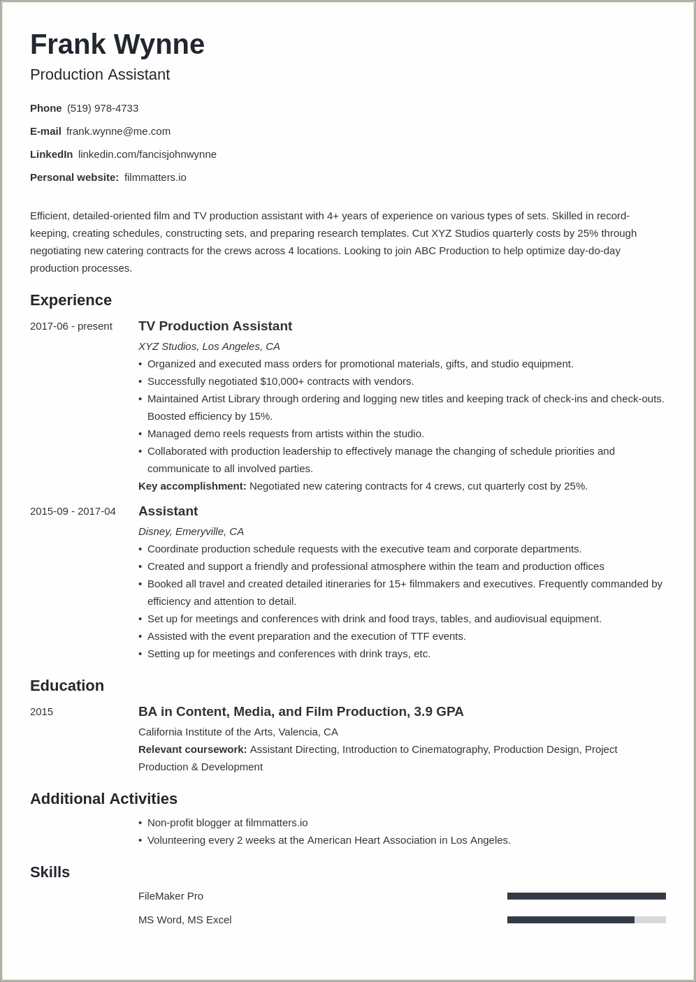 Production Assistant Resume Sample For Students