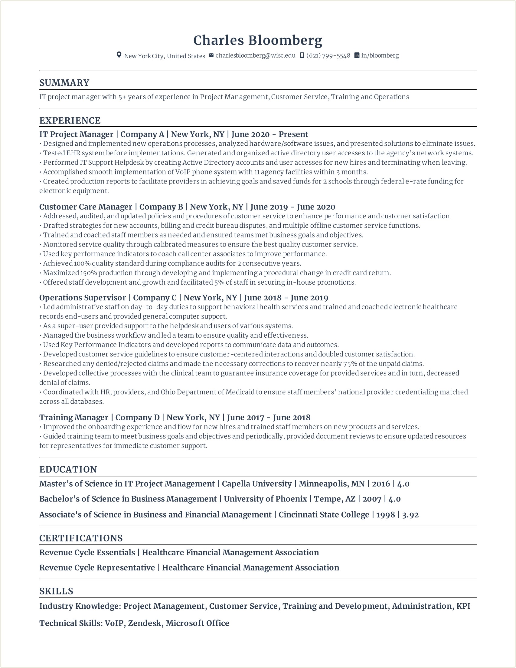 Project Manager Resume Healthcare It Sample