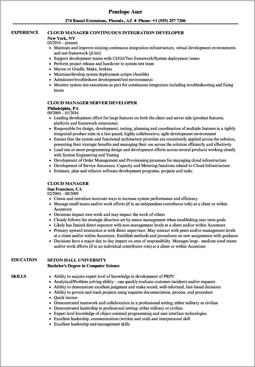 Project Manager Resume With Cloud Experience