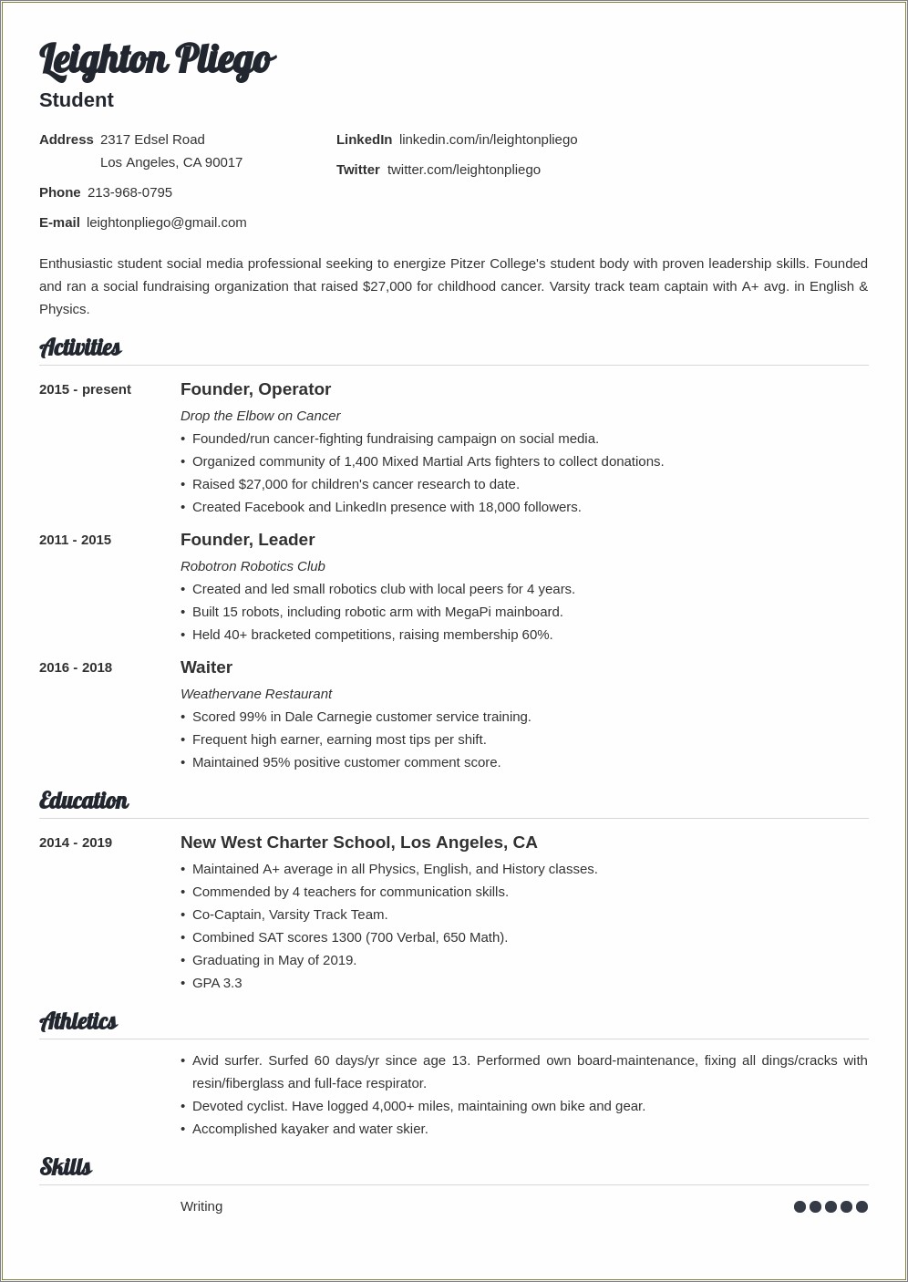 Resume Examples For Highschool Students Applying To College