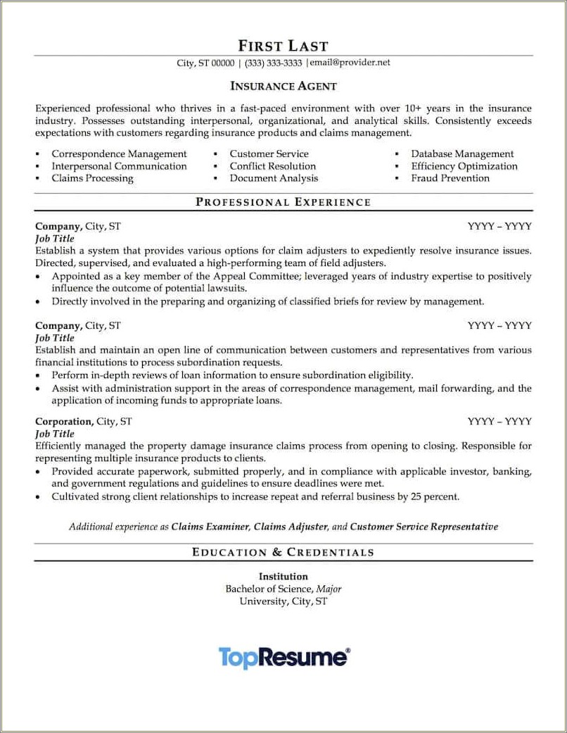 Resume Examples For Insurance Loss Control Professional