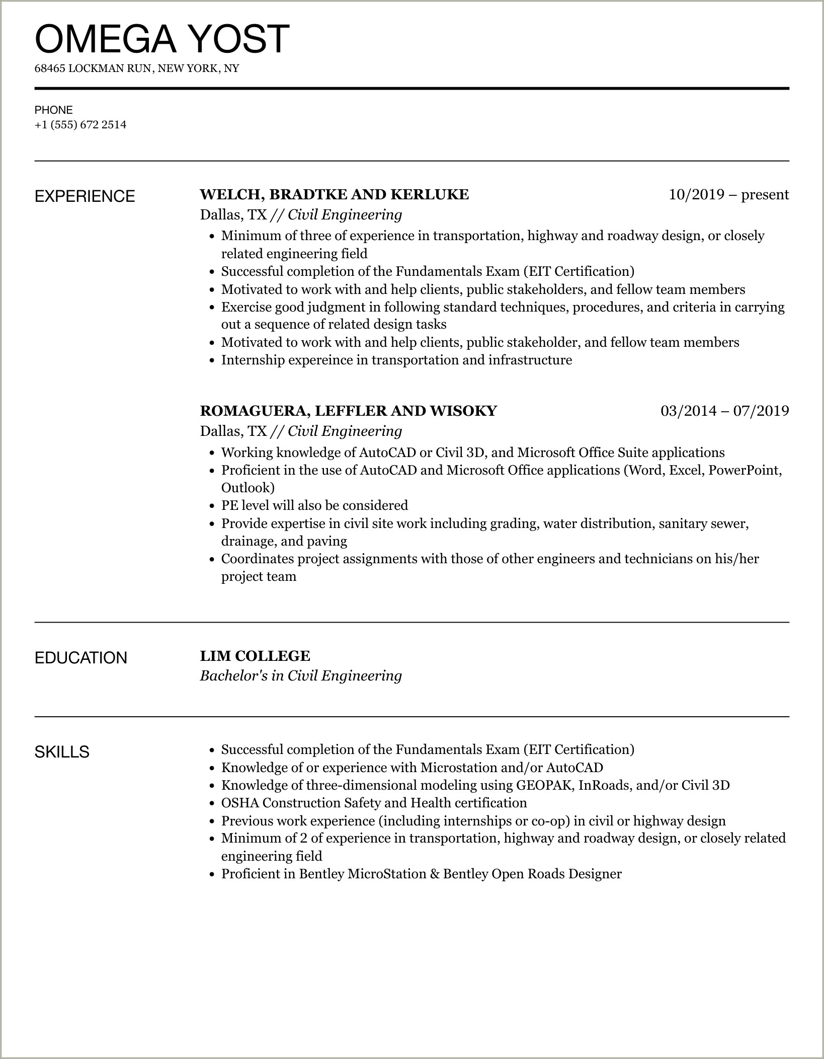 Resume Examples For Students Internships For Civil Engineering