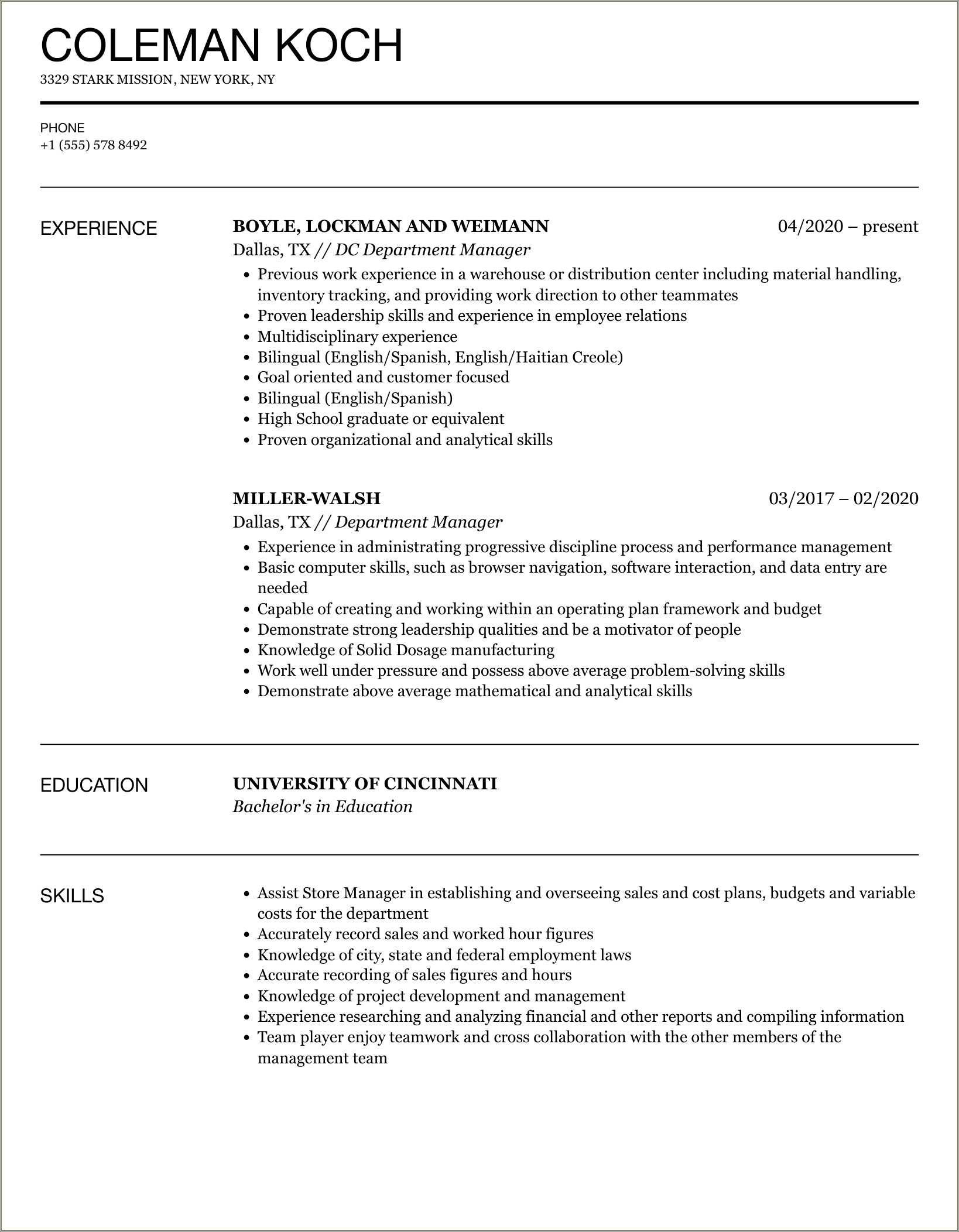 Resume Format For Department Manager In Retail