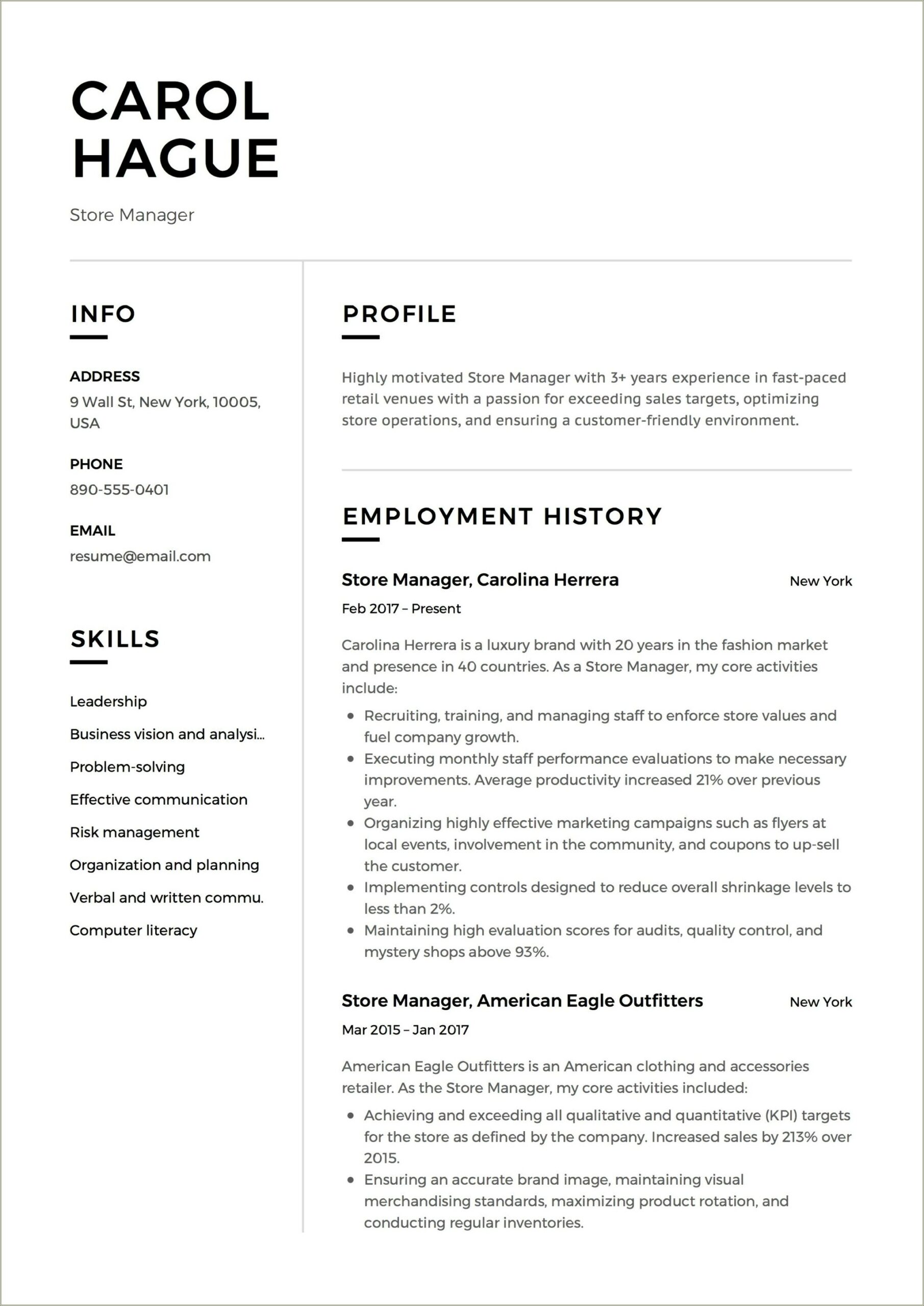 Resume Format For Retail Department Manager