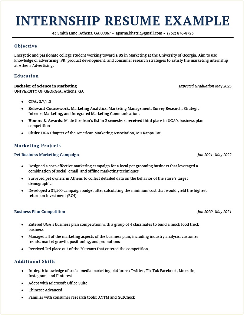 Resume Objective Example For Students Internships