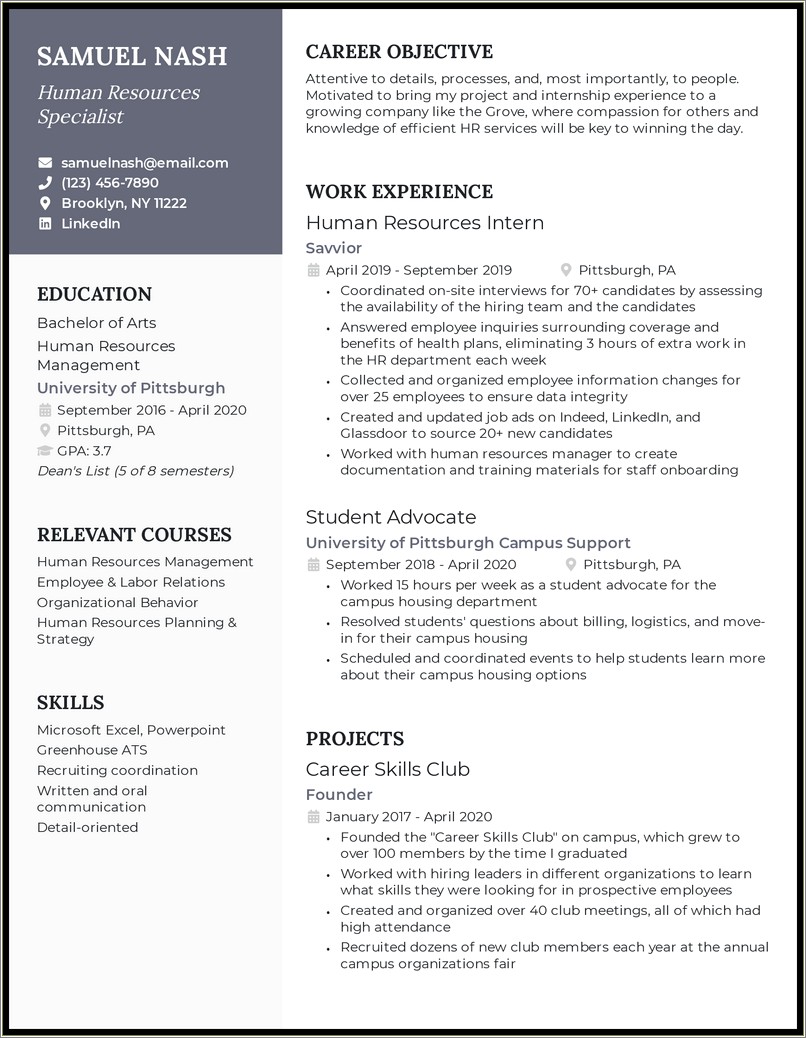 Resume Objective Examples For Hr Internship Position