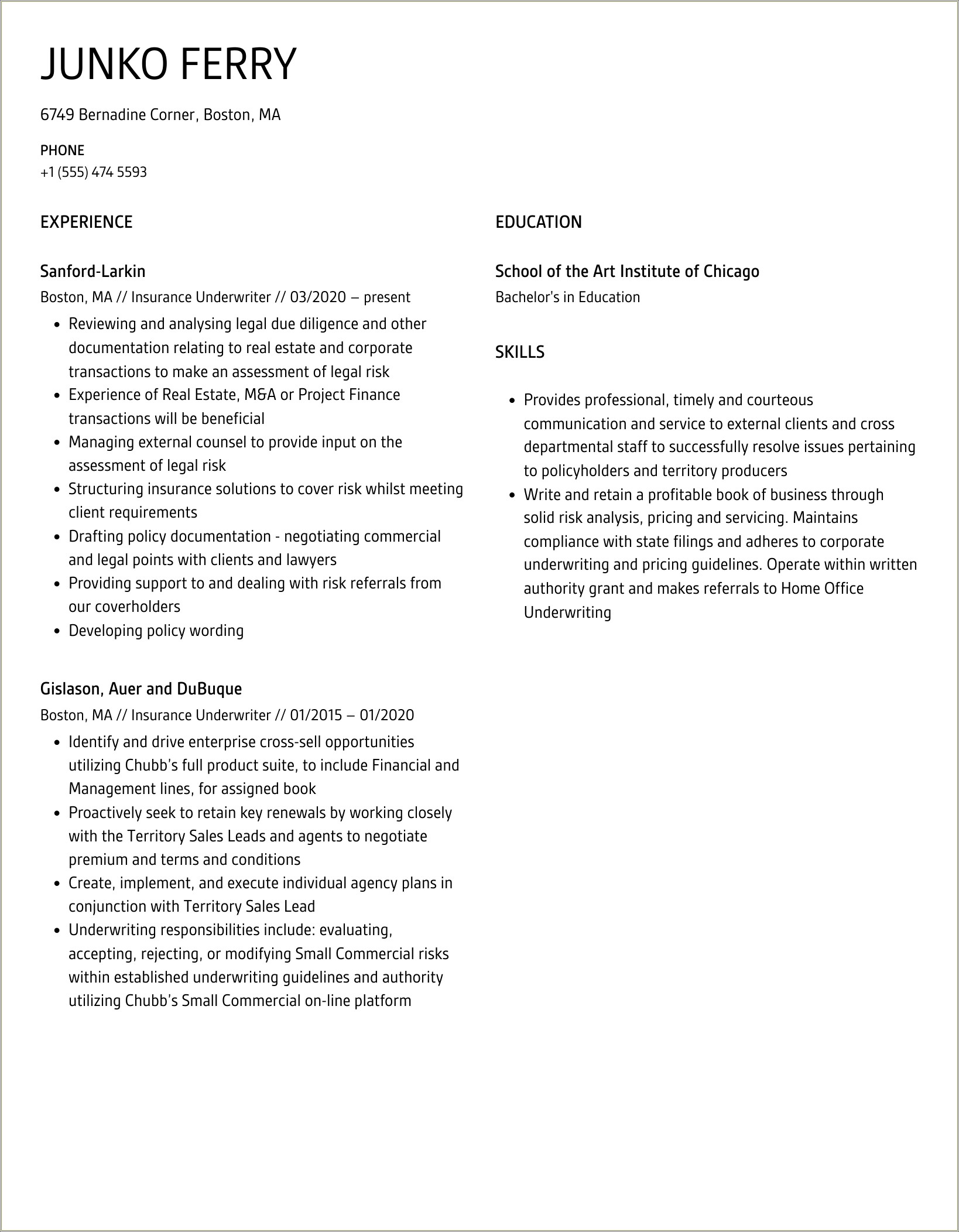 Resume Objective Examples For Insurance Underwriter