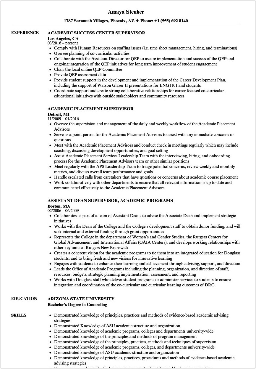Resume Objective For An Academic Advisor