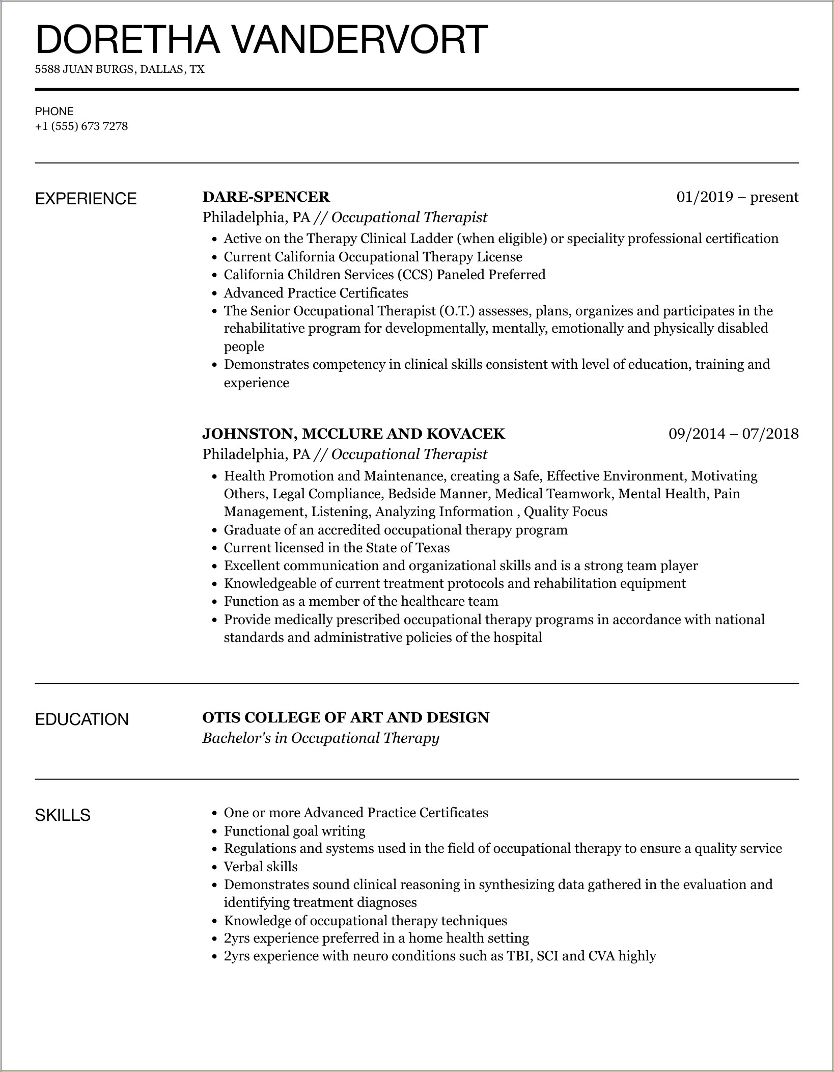 Resume Objective For Occupational Therapy Applying For College