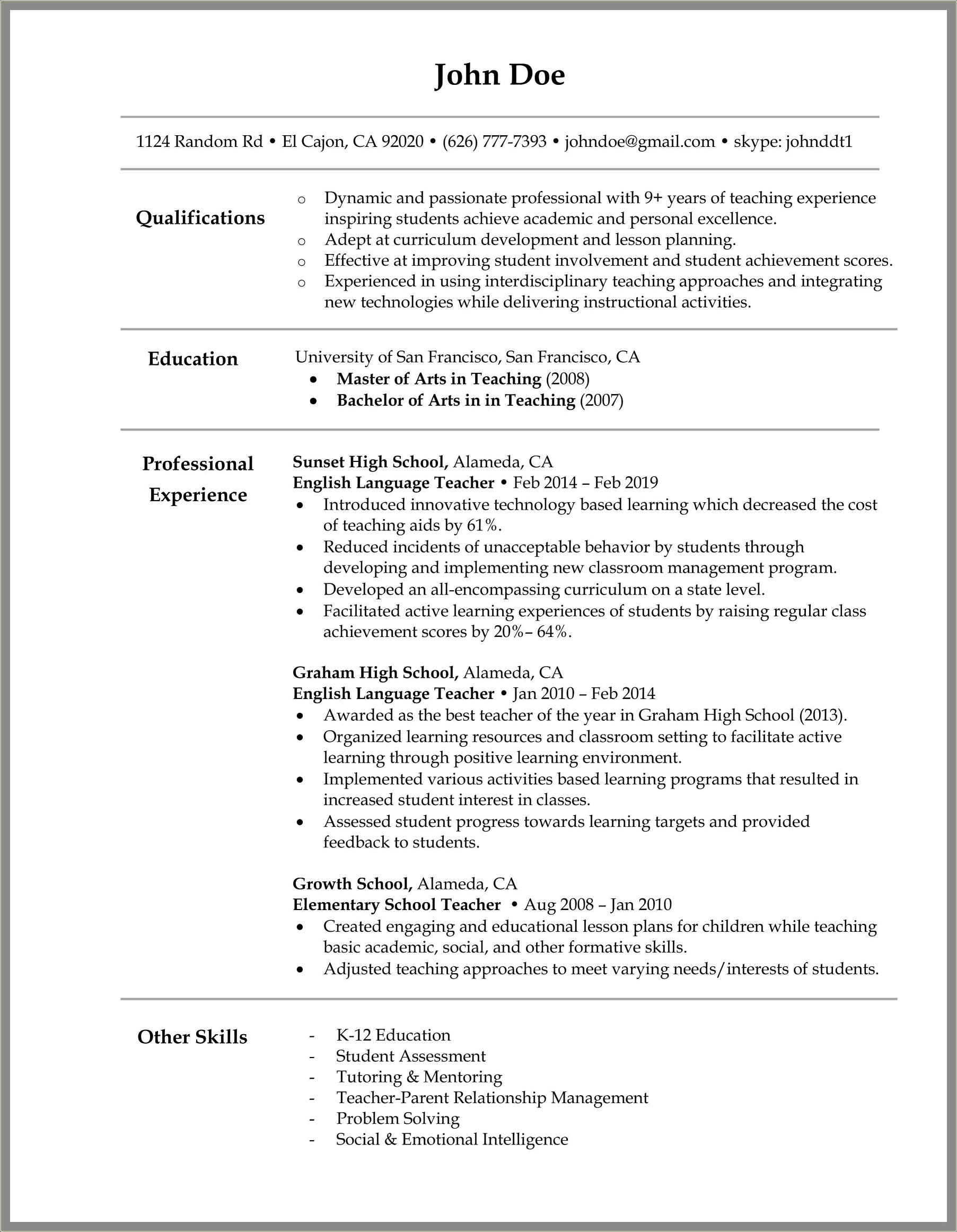 Resume Qualifications Of Elementary School Teachers
