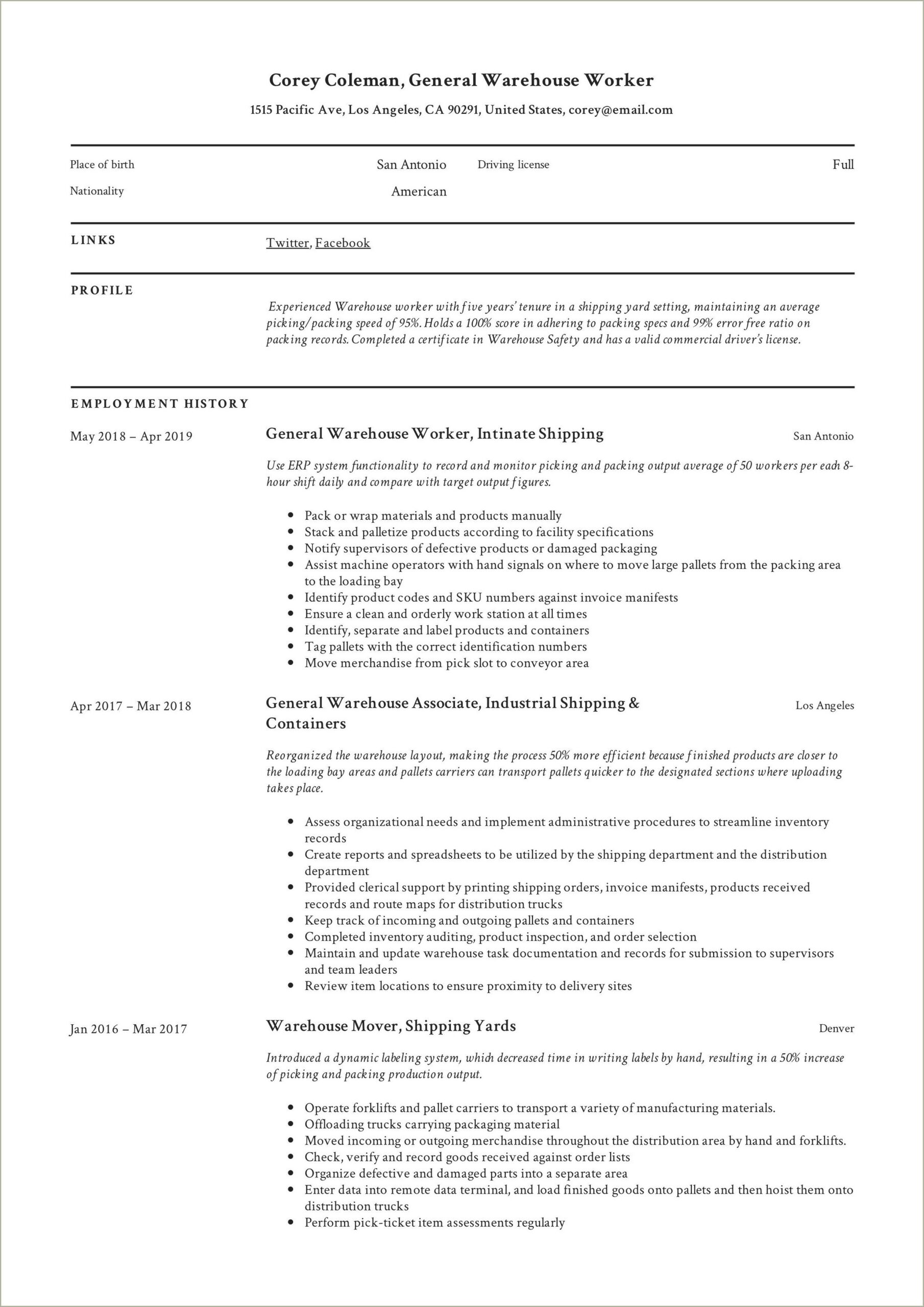 Resume Sample For A Warehouse Worker