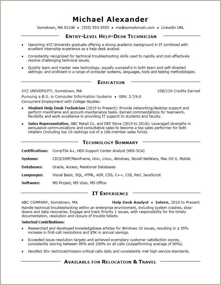 Resume Sample For Computer System Analyst