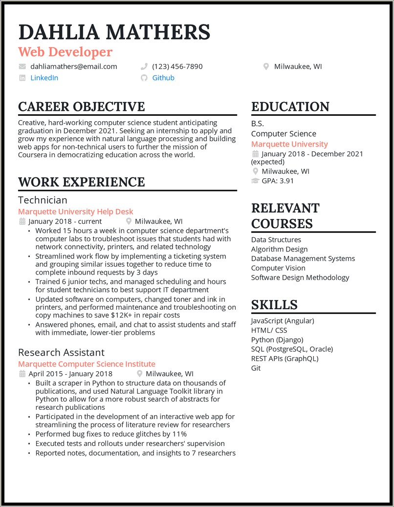 Resume Sample For Internship With No Experience