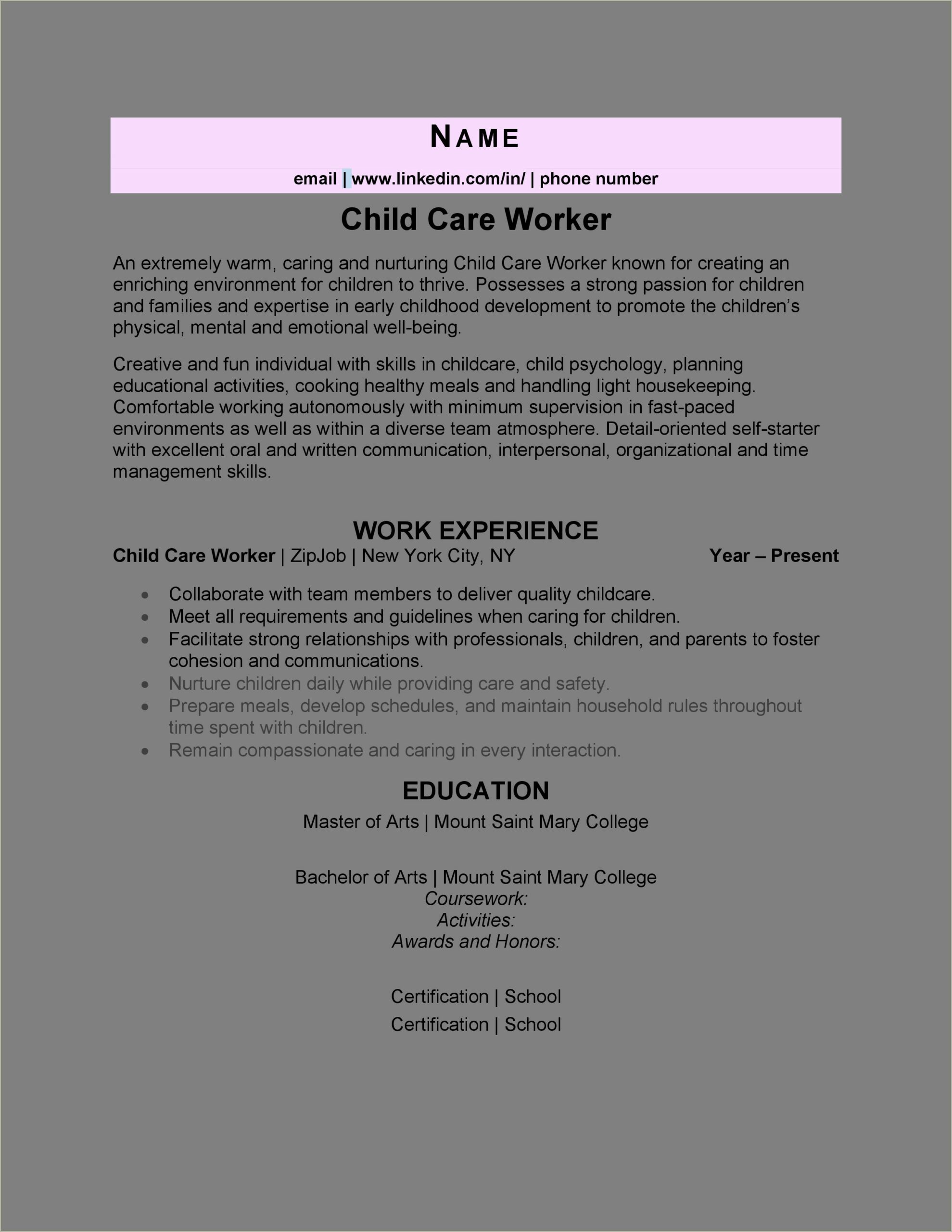 Resume Verbage For Day Daycare Worker