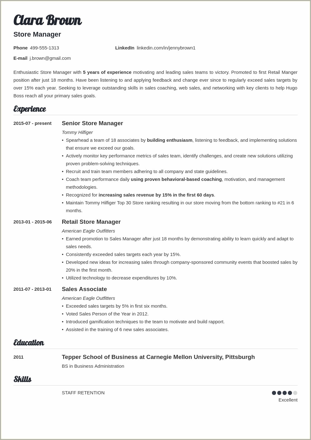 Retail Department Manager Description For Resume