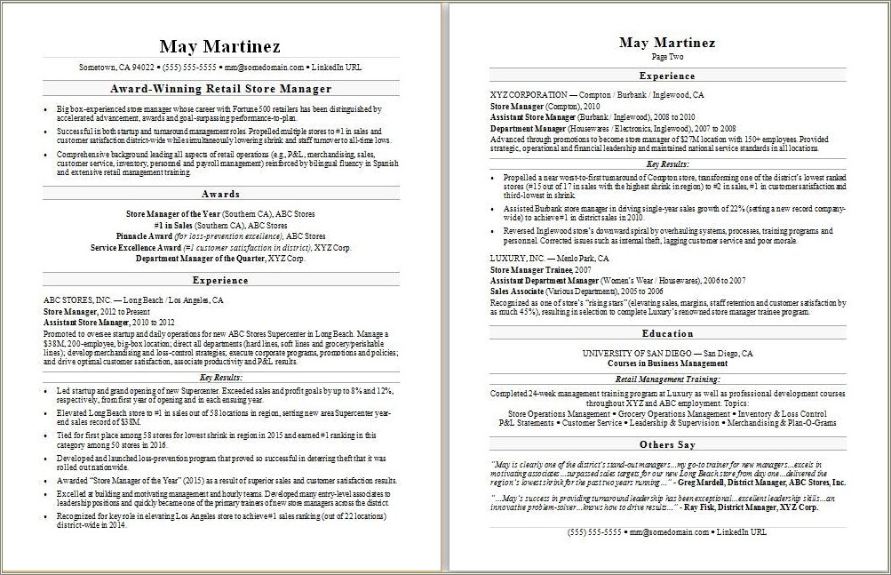 Retail Department Manager Job Description Resume