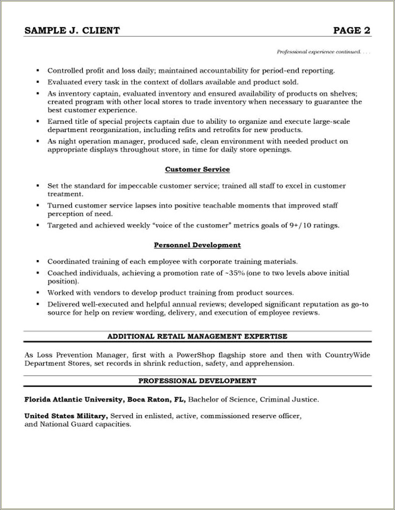 Retail Management Department Store Sample Resume