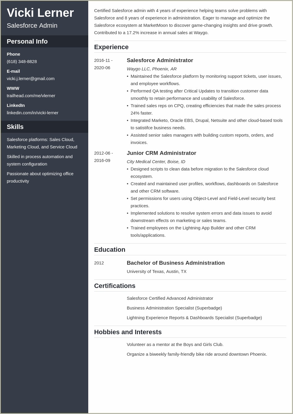 Salesforce Developer Resume With Sales Cloud Experience