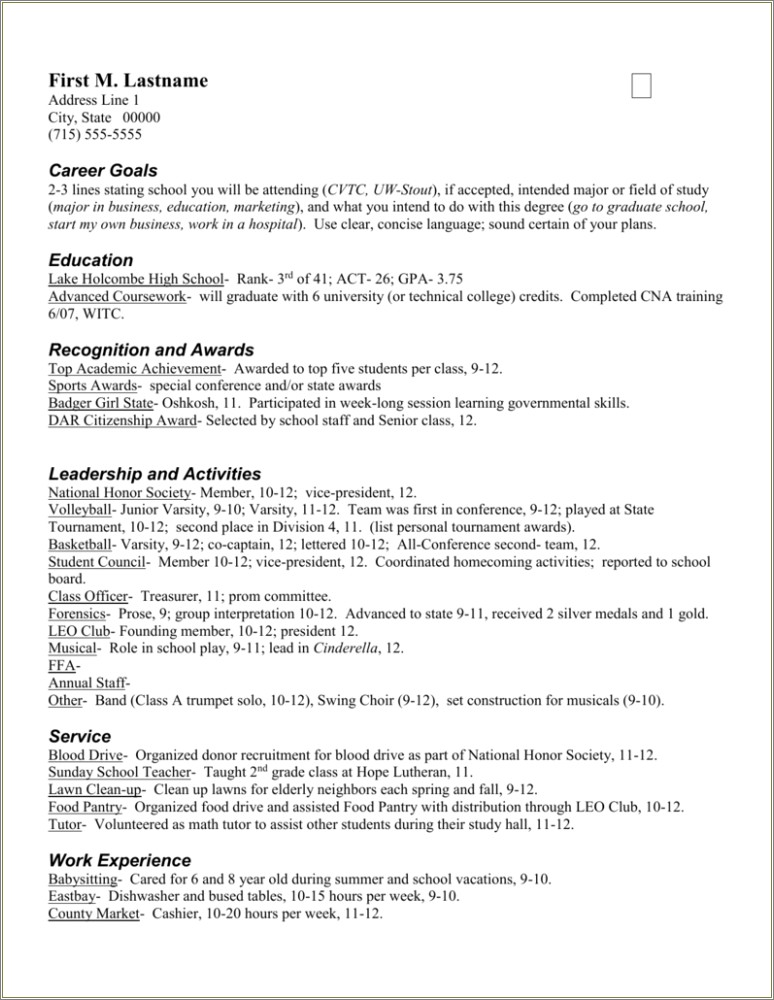 Sample College Application Resume With Athletic Honors