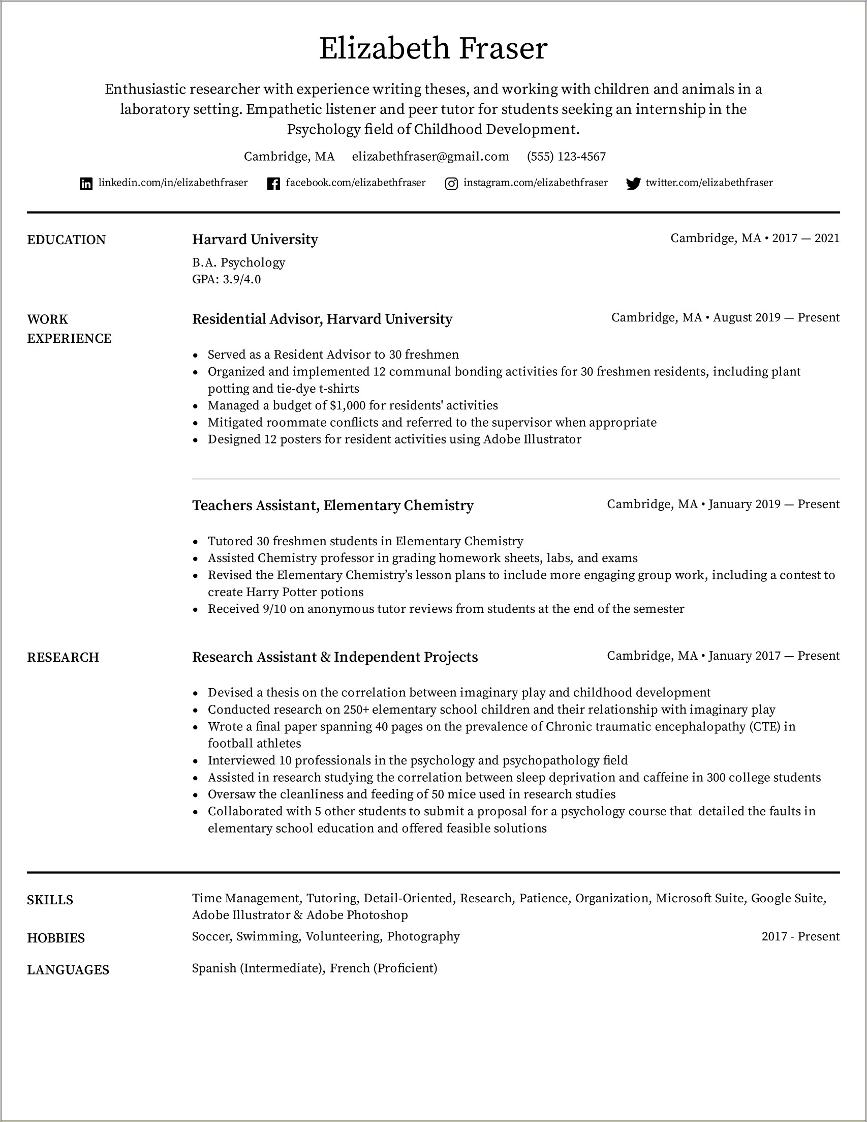 Sample College Resume For Highschool Students
