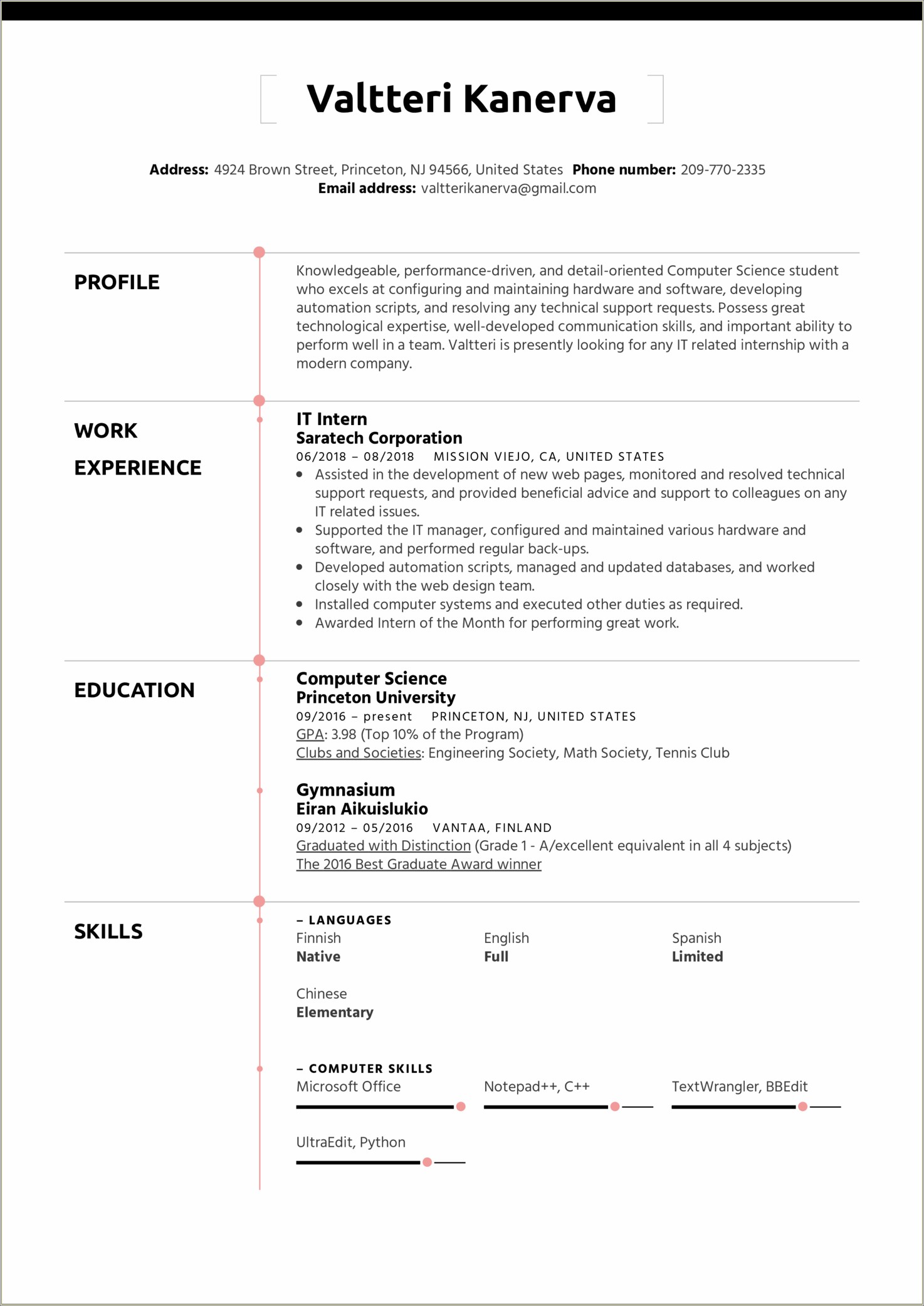 Sample College Student Professional Resume For Internships