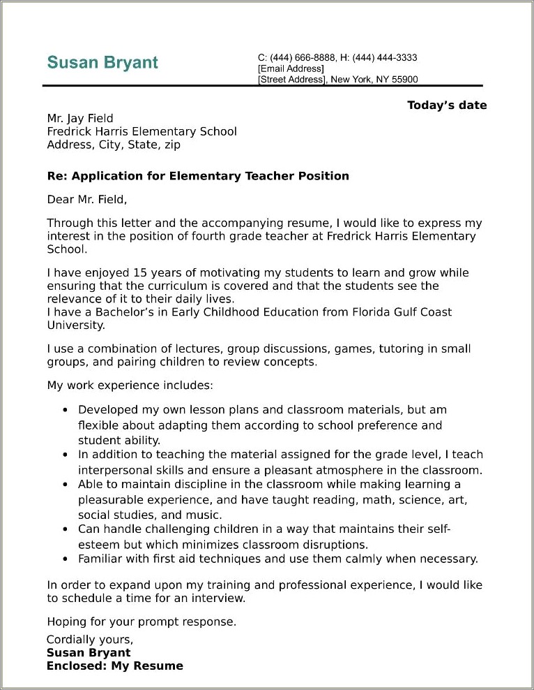 Sample Elementary Teacher Resume Cover Letter