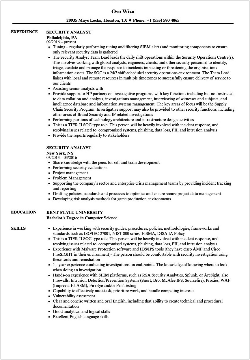 Sample Of Analyst Corporate Security Resume