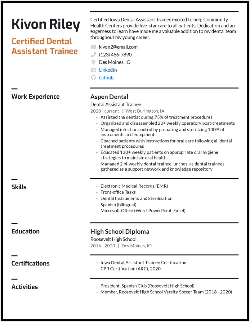 Sample Of Dental Assistant Resume With No Experience