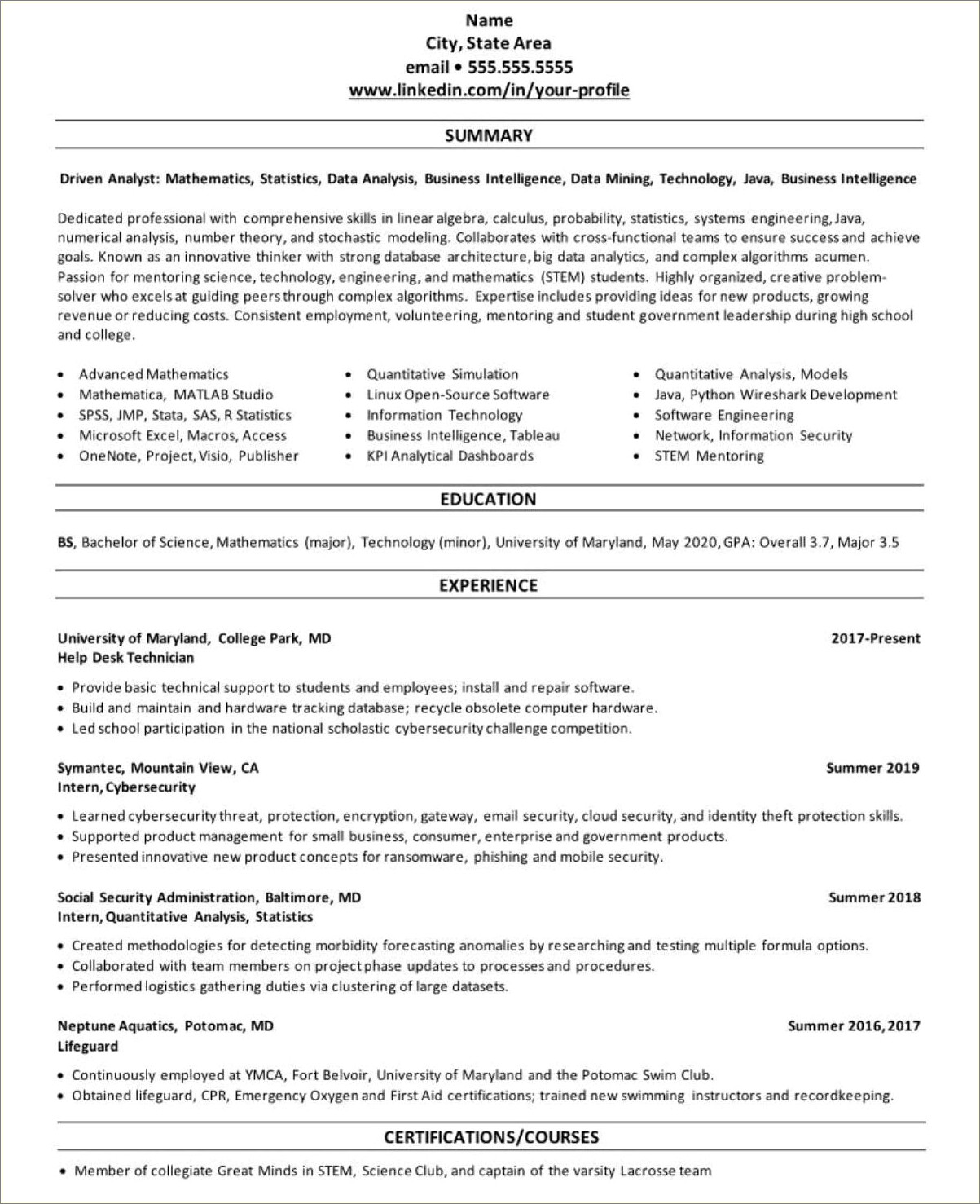 Sample Of Resume For A College Student