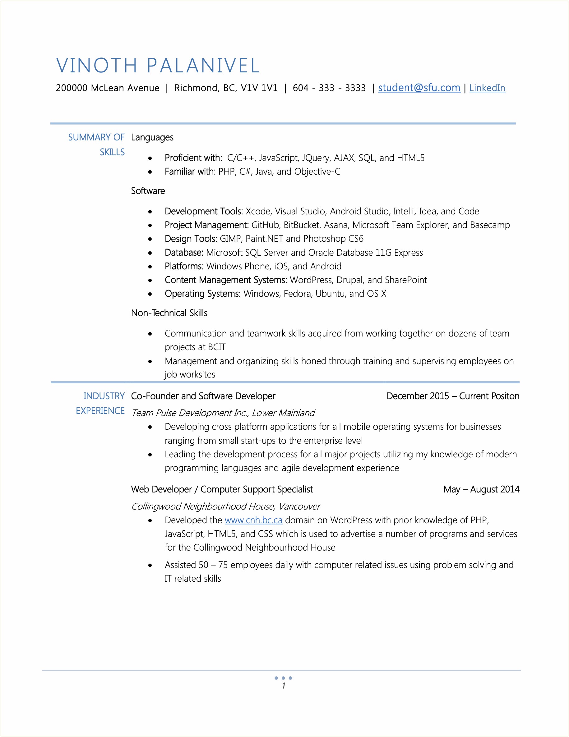 Sample Of Resume Of Computer Science