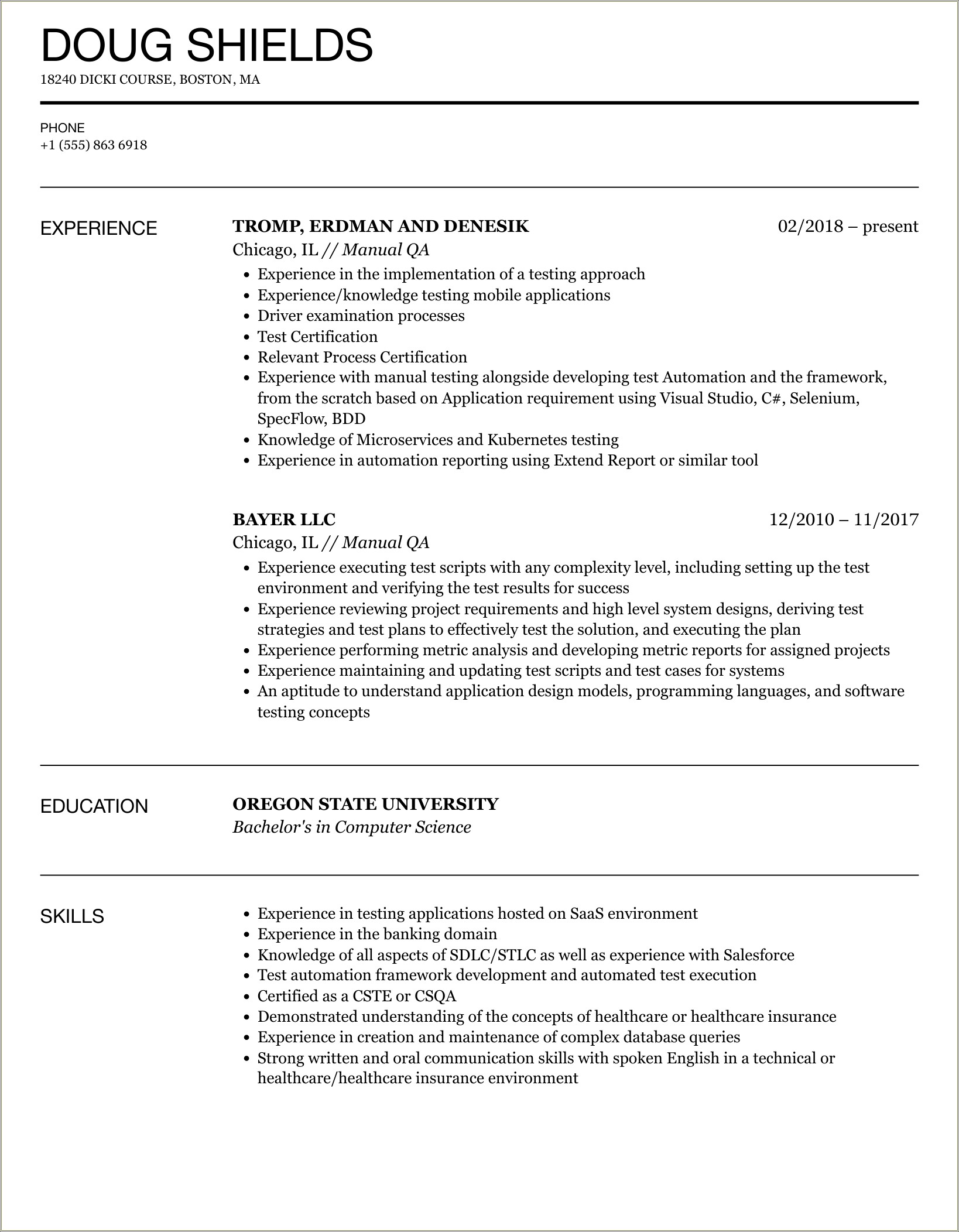 Sample Qa Resume With Financial Experience