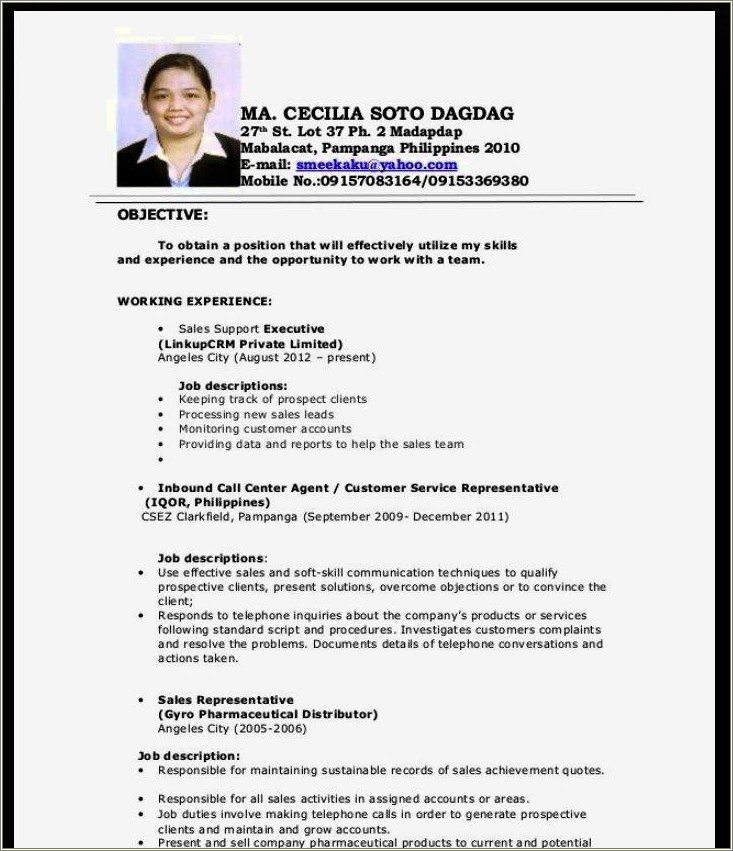 Sample Resume Call Center Agent No Technical Support