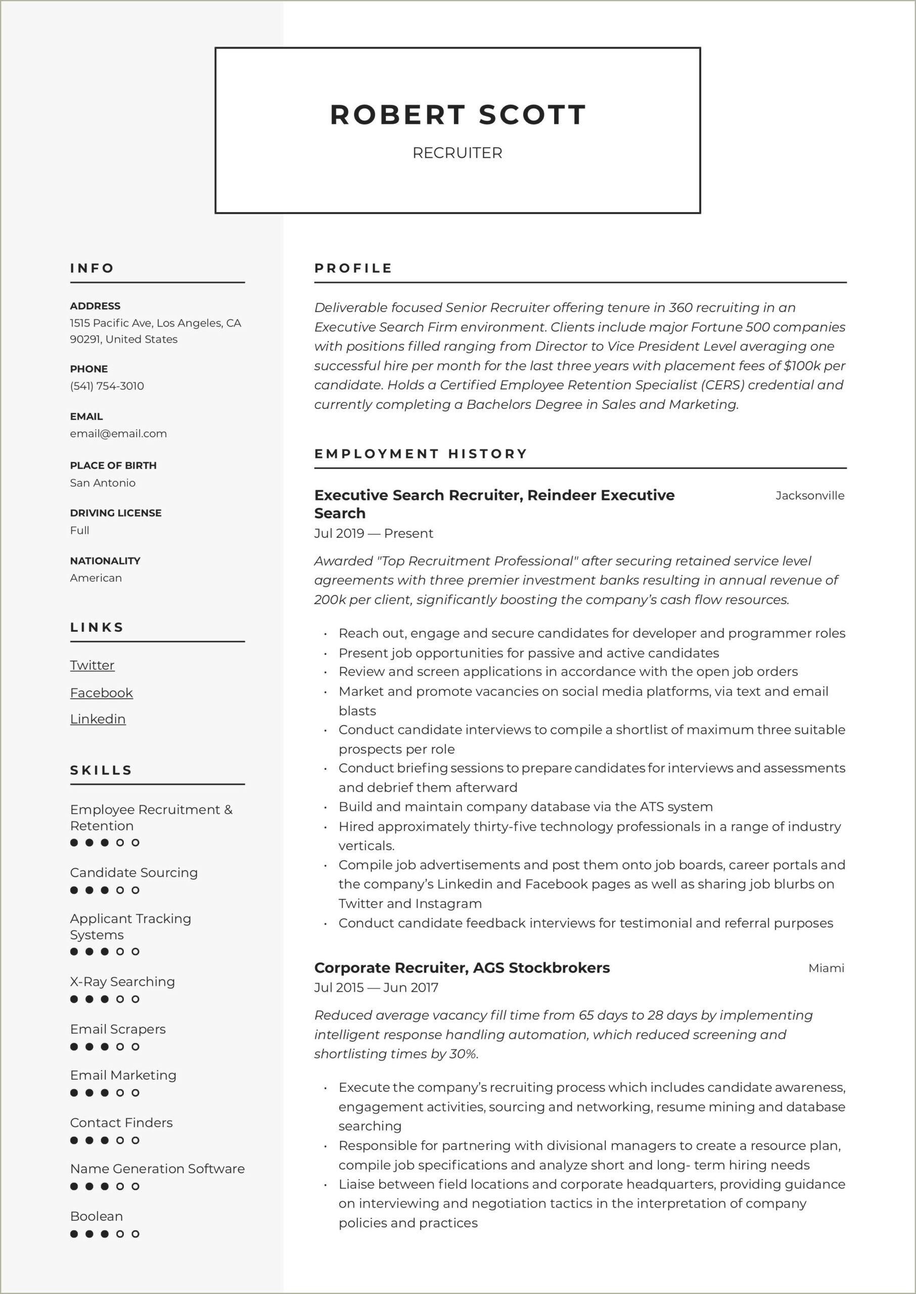 Sample Resume For A Marketing Research Recruiter
