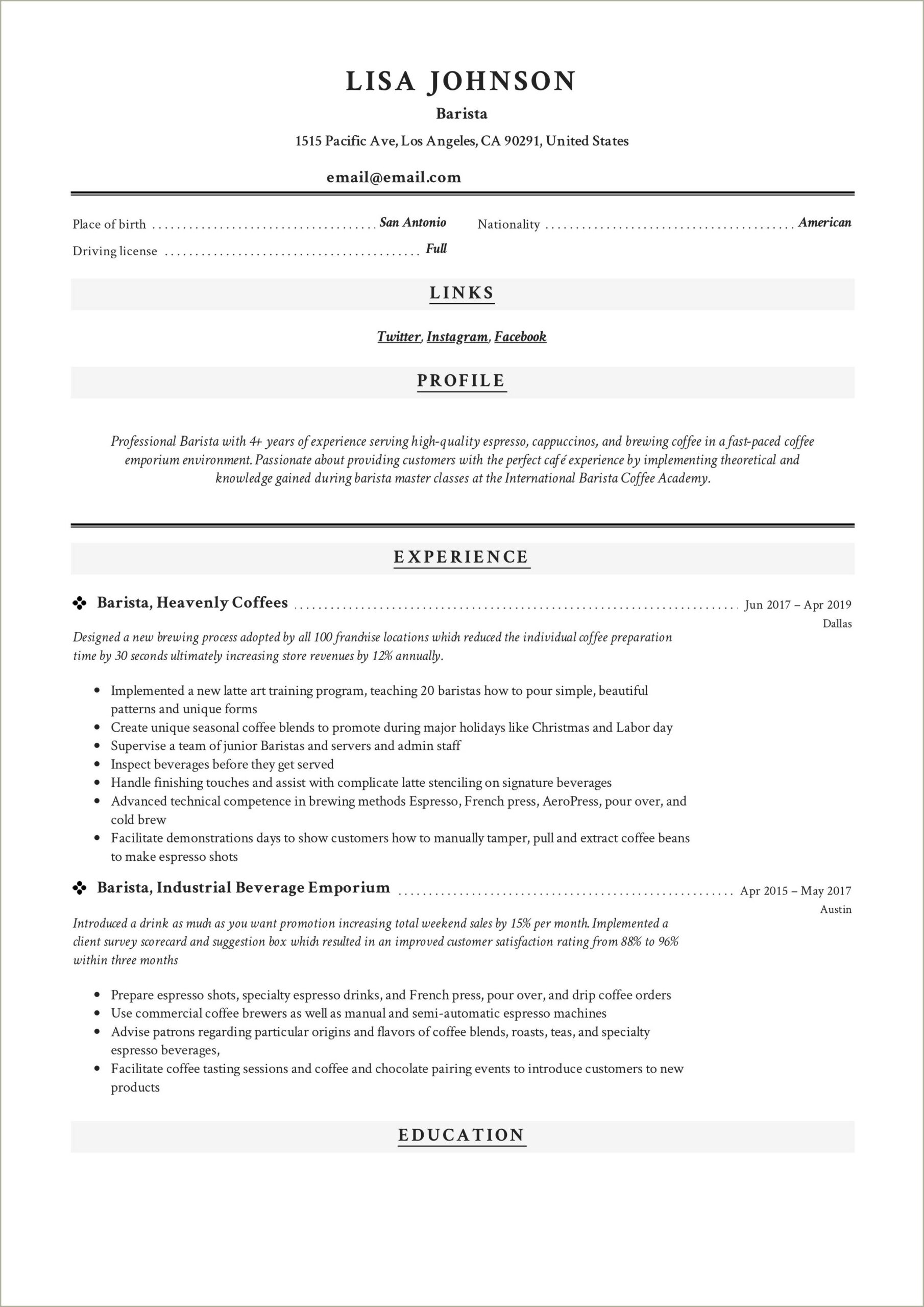 Sample Resume For Barista Position With No Experience