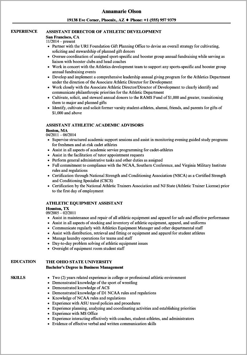 Sample Resume For College Student Athlete