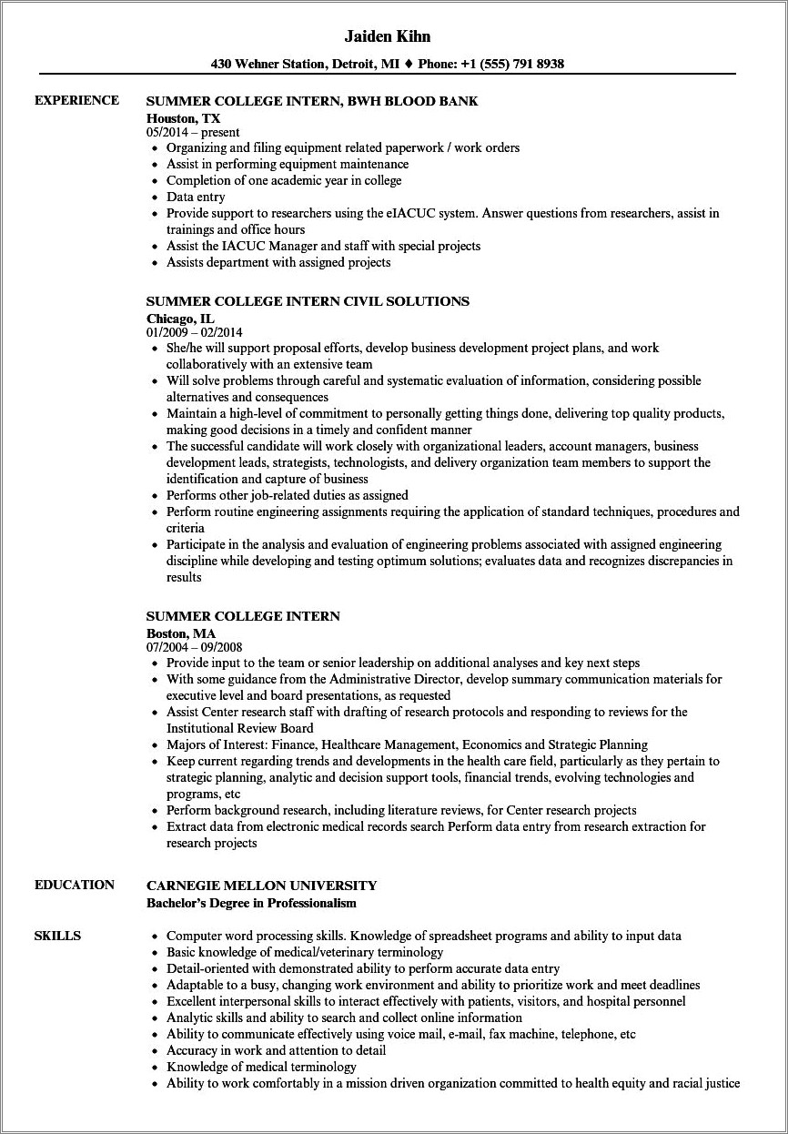 Sample Resume For College Student For Internship