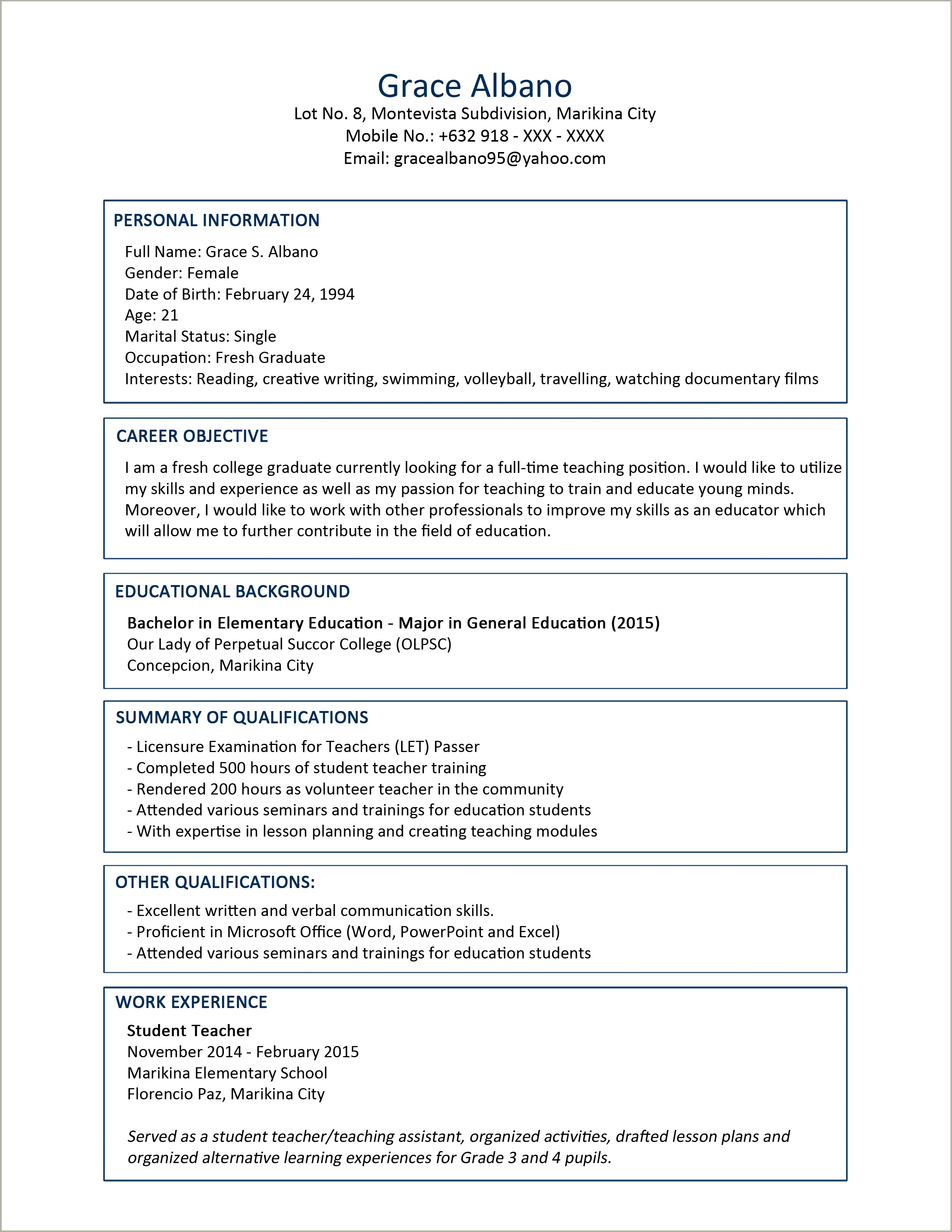 Sample Resume For College Students Philippines