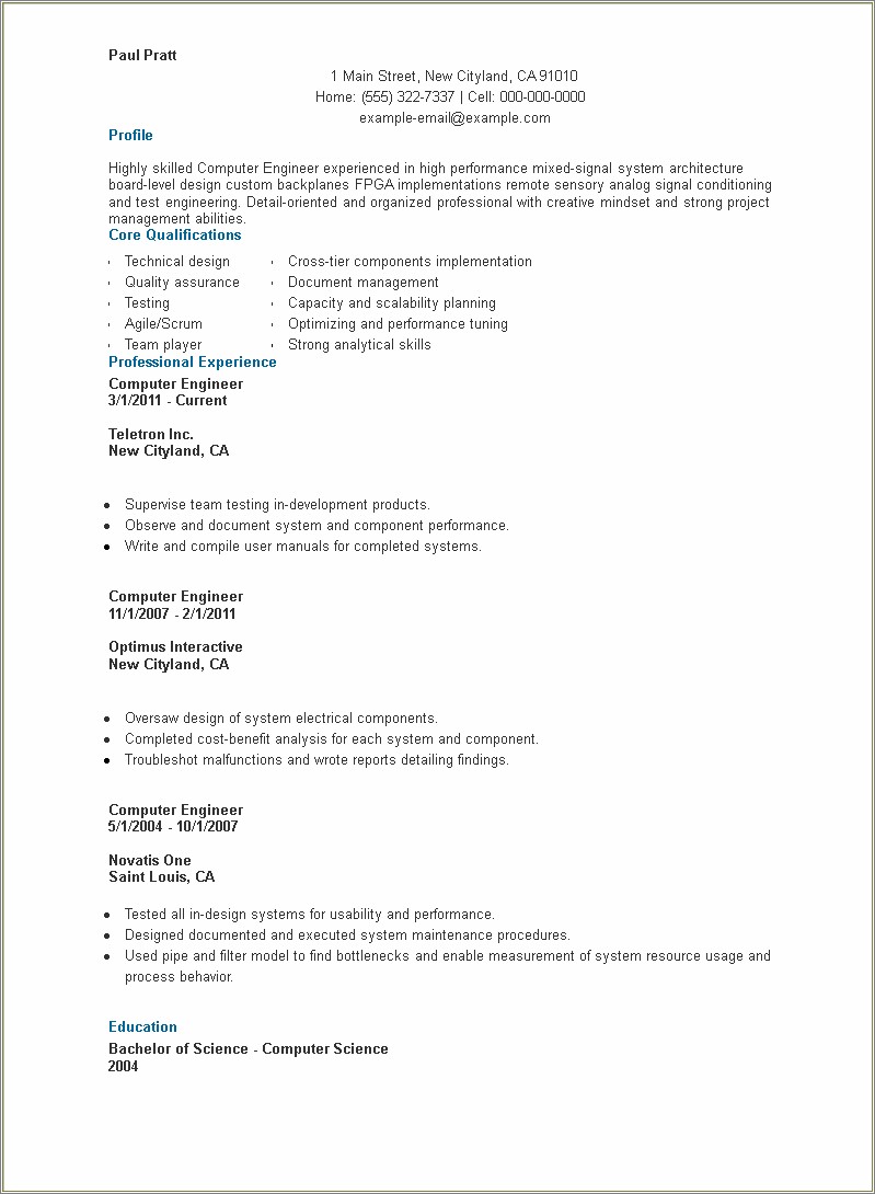 Sample Resume For Computer Engineering Students