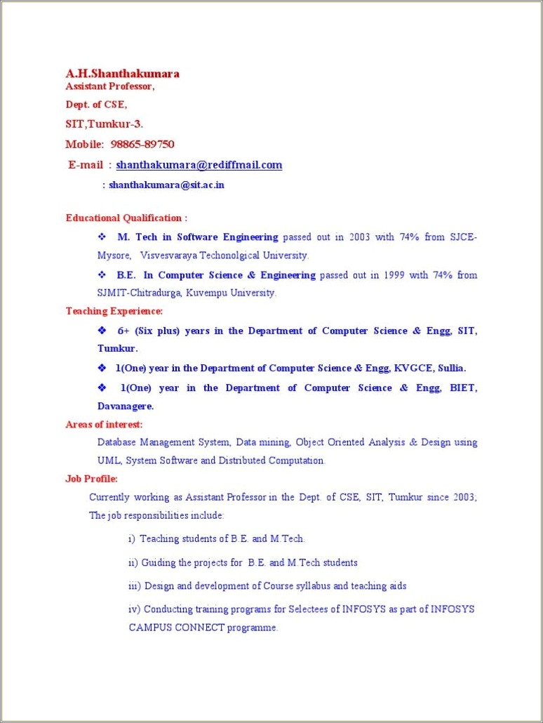 Sample Resume For Computer Science Engineering Students Freshers