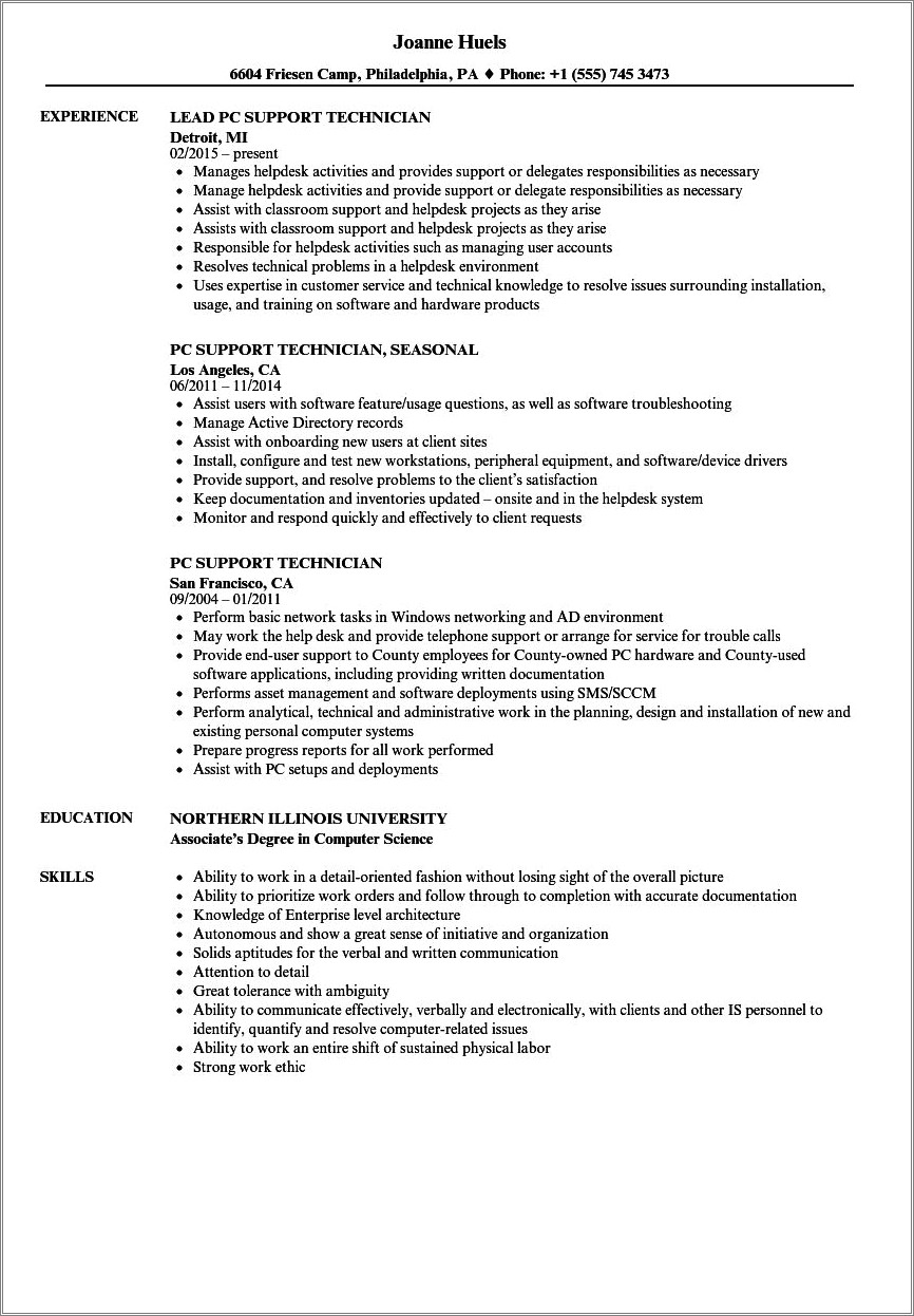 Sample Resume For Computer Support Technician