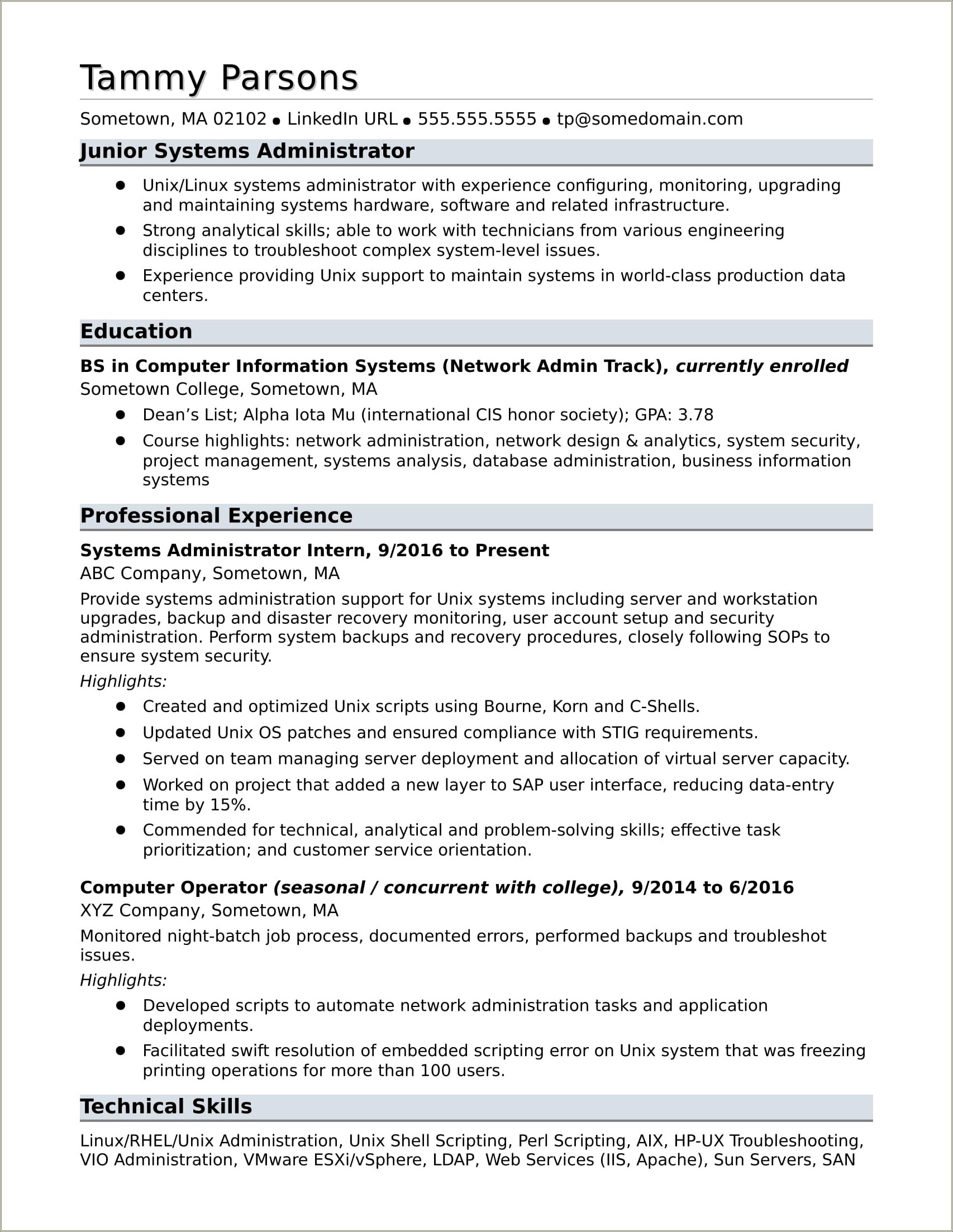 Sample Resume For Computer System Administrator
