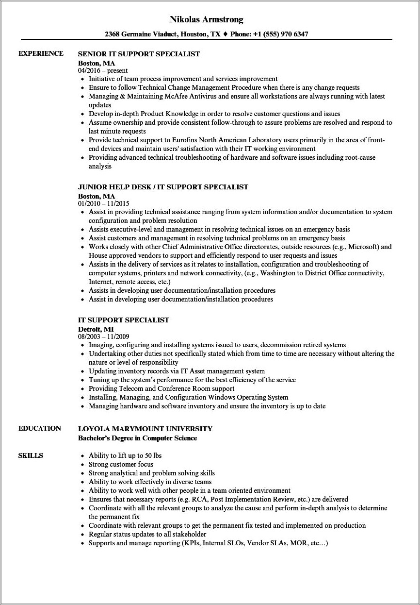 Sample Resume For Computer Technical Support