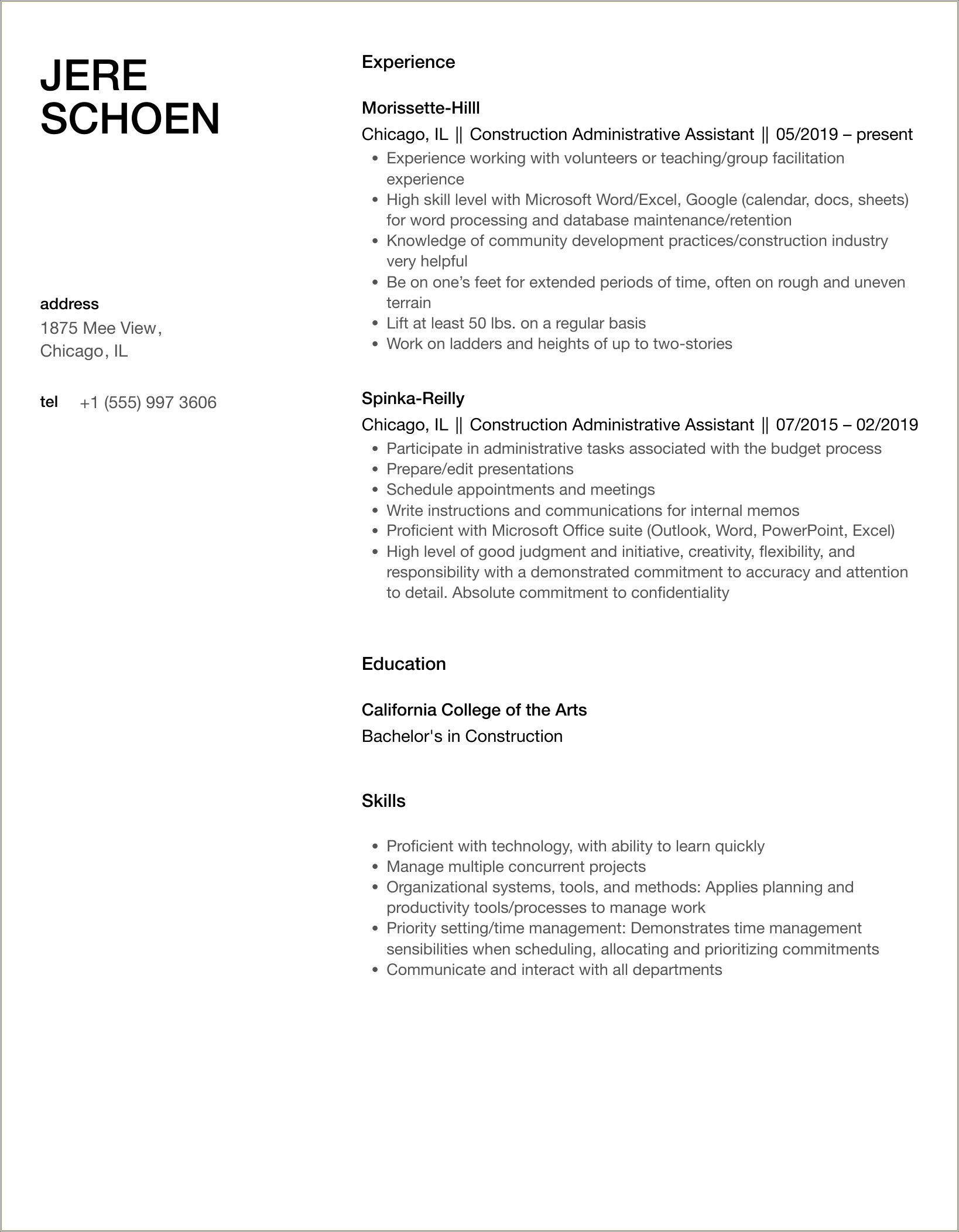 Sample Resume For Construction Company Office Assistant