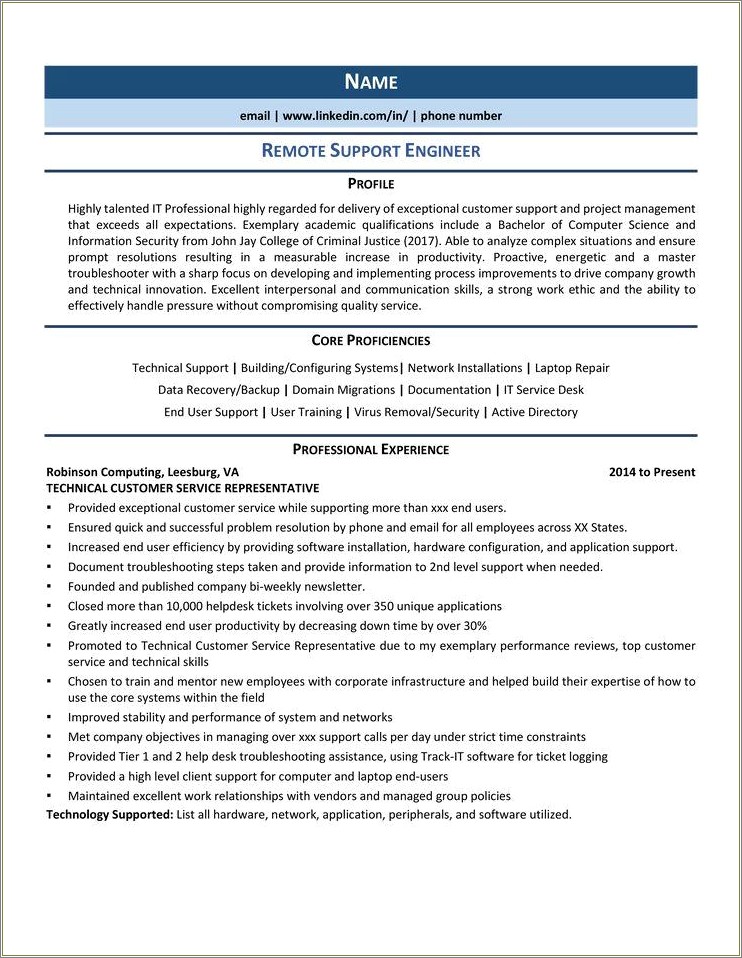 Sample Resume For Core Support