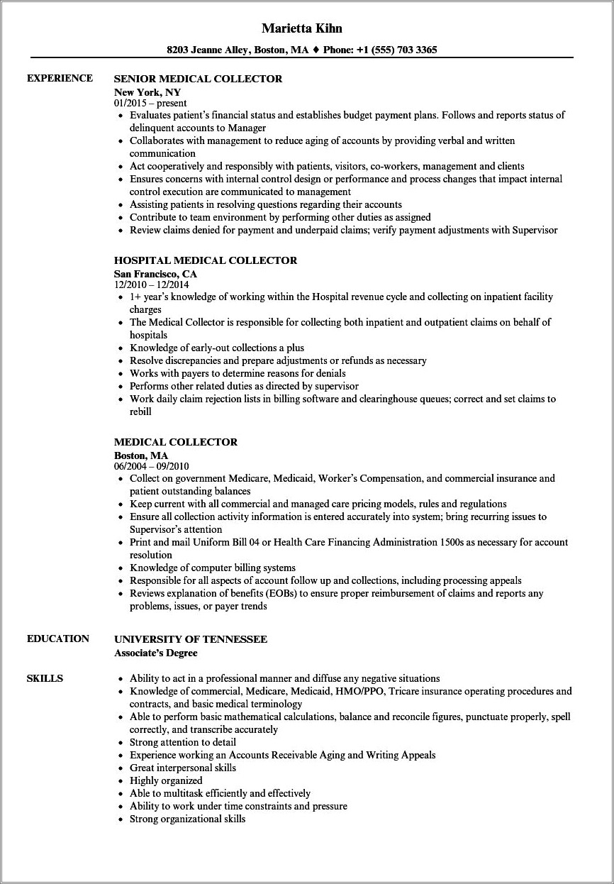 Sample Resume For Debt Collection Agent