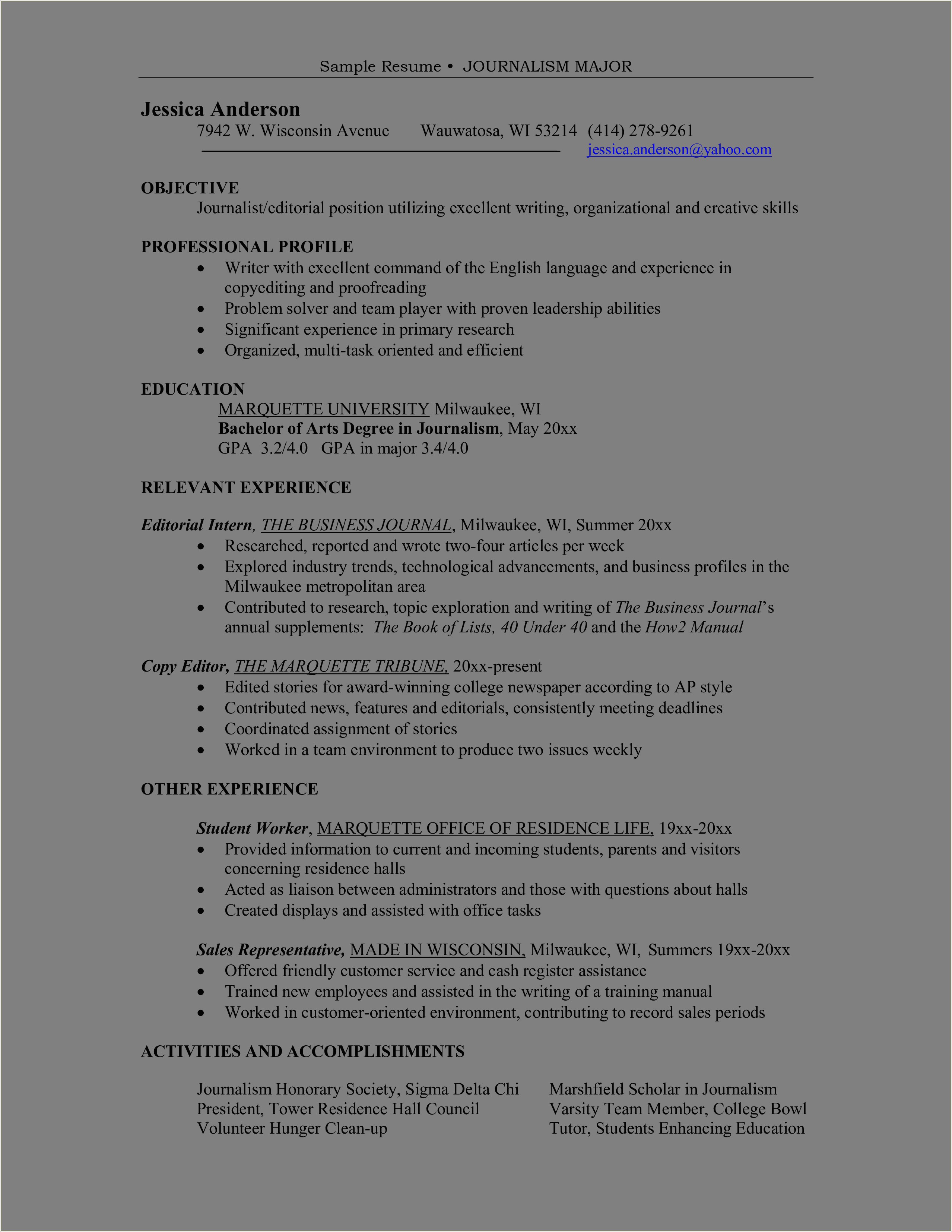 Sample Resume For Degree Students Download